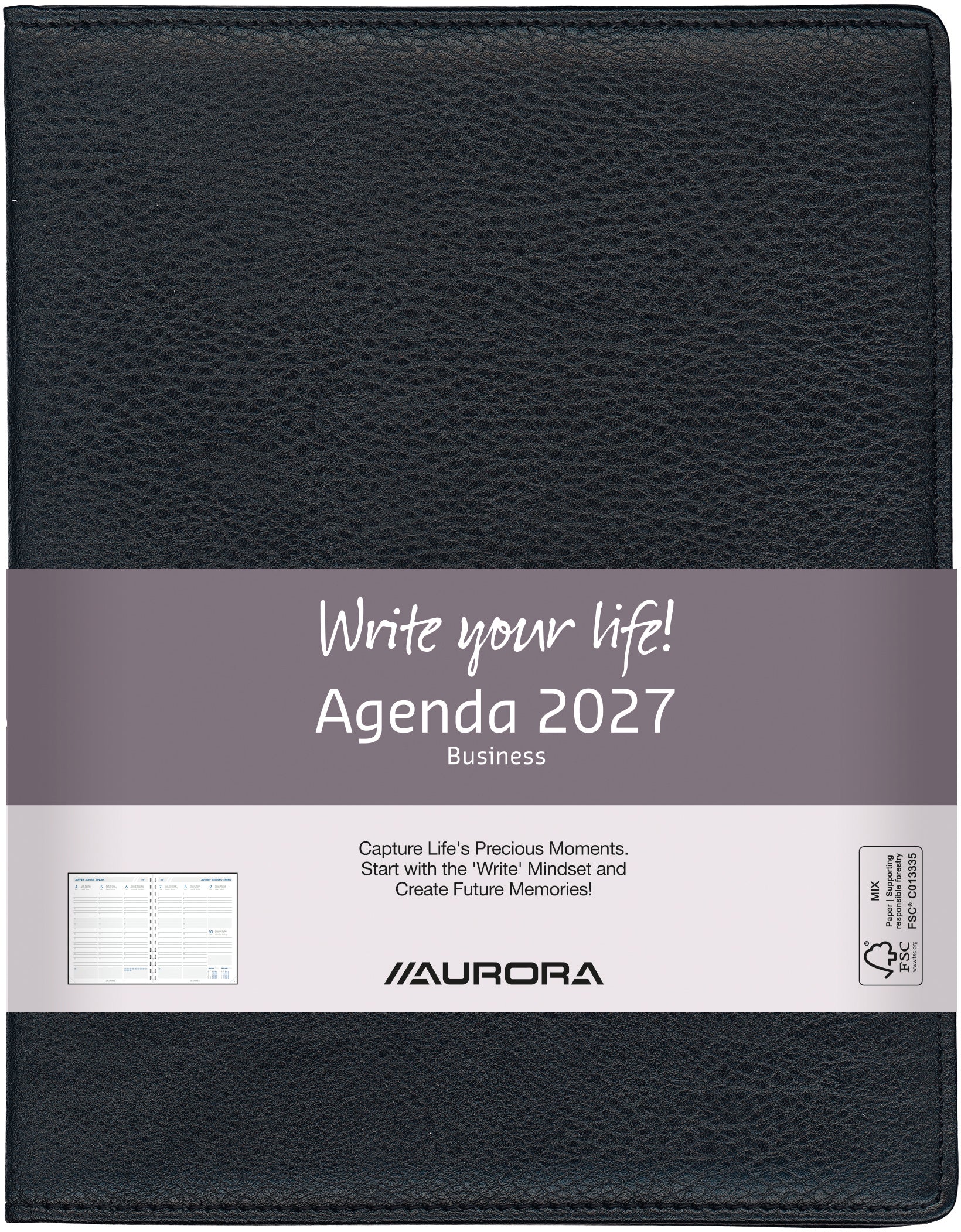 Aurora Finesse Business – Wochenagenda 2027, 1 Woche/2 Seiten, 17,5 × 22,5 cm, schwarz