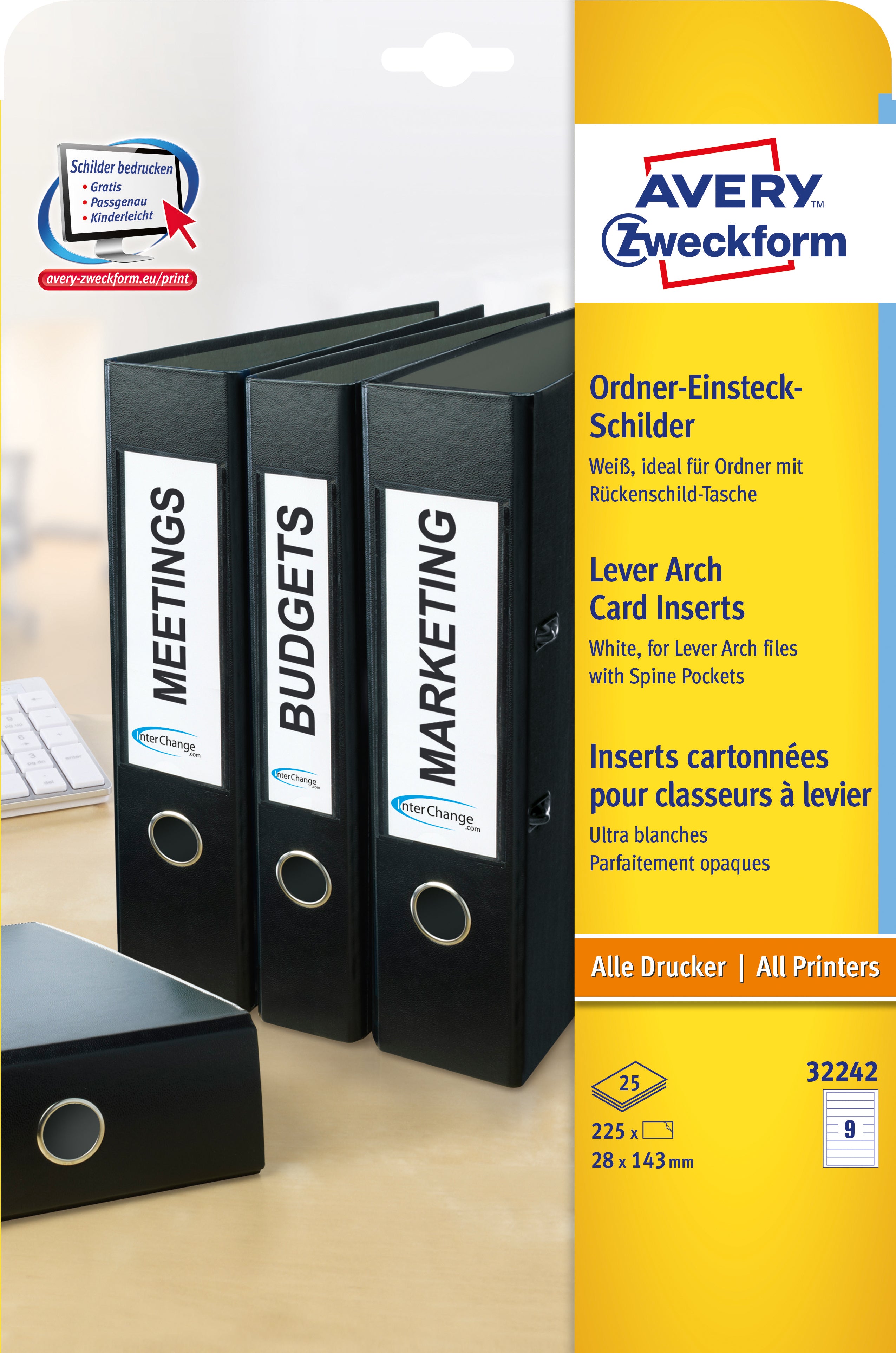 AVERY ZWECKFORM 32242 – Einsteckschilder A4 28 × 143 mm – Papier, weiss – Laser/Inkjet – 170 g/m²