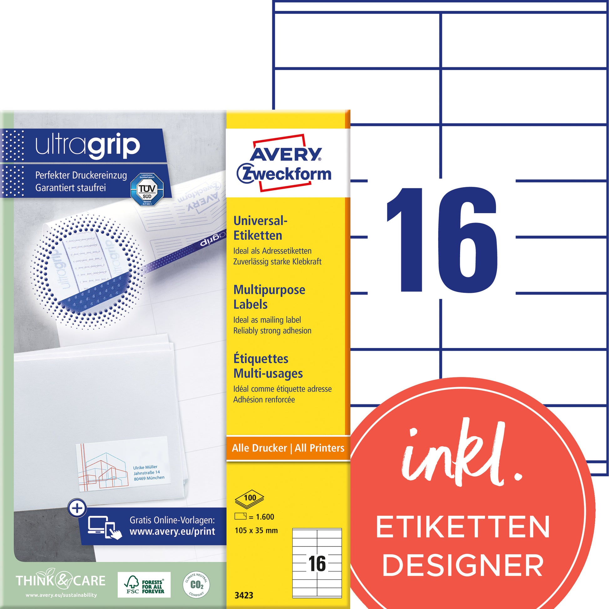 AVERY Zweckform – Etiketten A4 105 × 35 mm – weiss – Laser/Inkjet – 16 pro Blatt, 100 Blätter (1'600 Stk.)