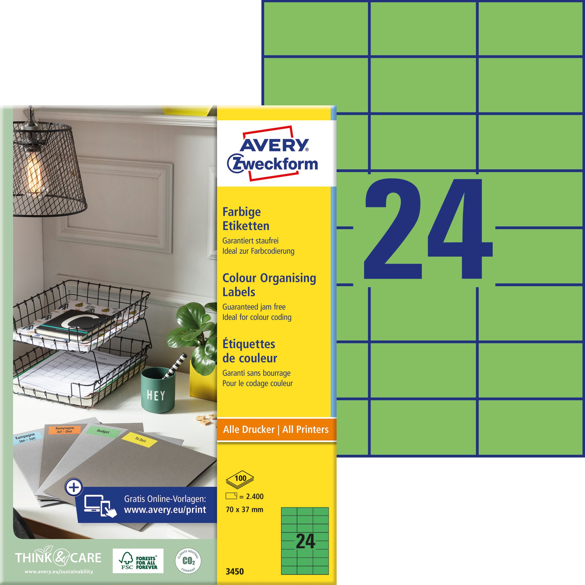 AVERY Zweckform – Etiketten A4 70 × 37 mm – grün – Laser/Inkjet – 24 pro Blatt, 100 Blätter (2'400 Stk.)