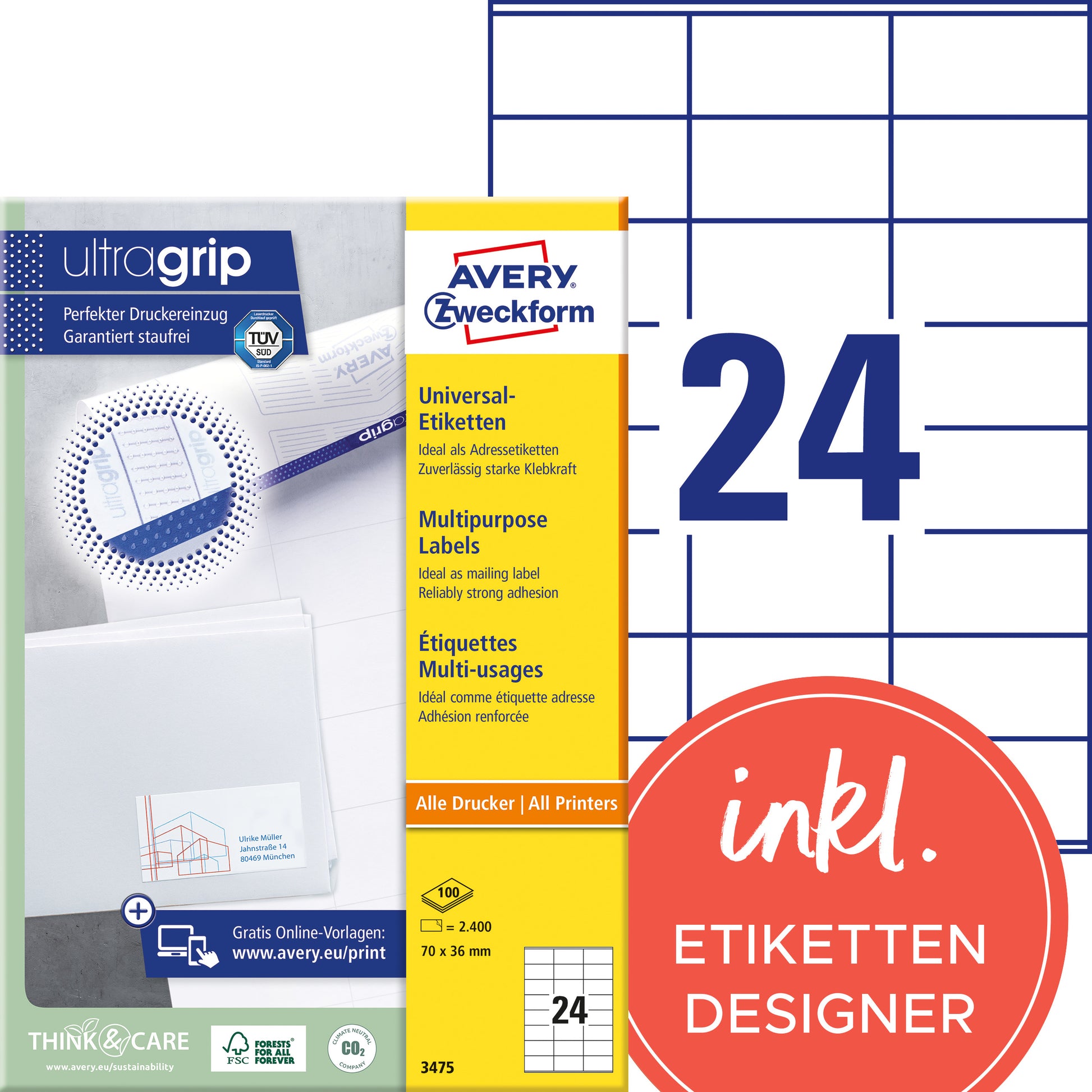 AVERY Zweckform – Etiketten A4 70 × 36 mm – Papier, weiss – Laser – 24 pro Blatt, 100 Blätter (2'400 Stk.)