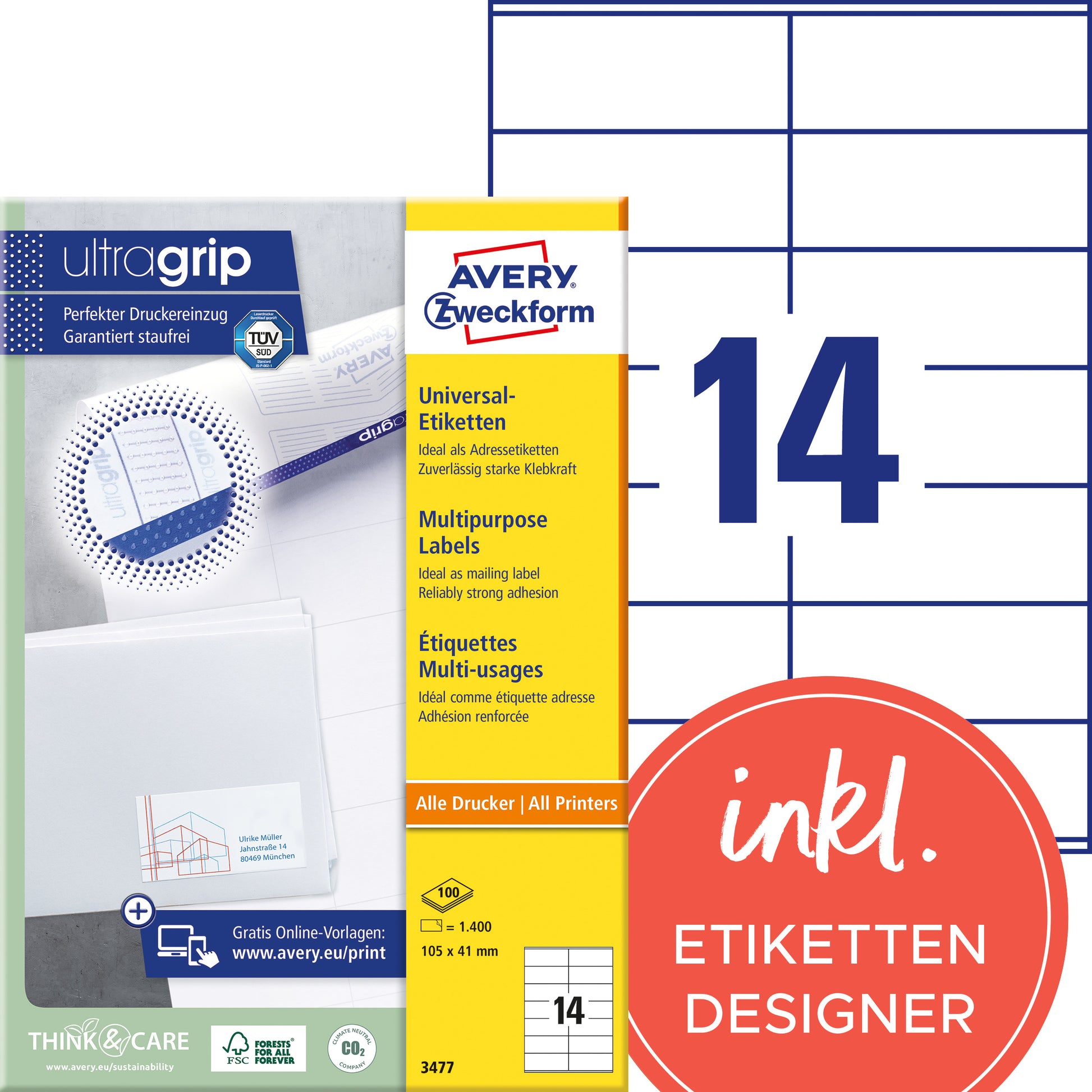 AVERY Zweckform Haftetiketten – rechteckig 105 × 41 mm, permanent, weiss, A4, 100 Blatt (1'400 Stk.)