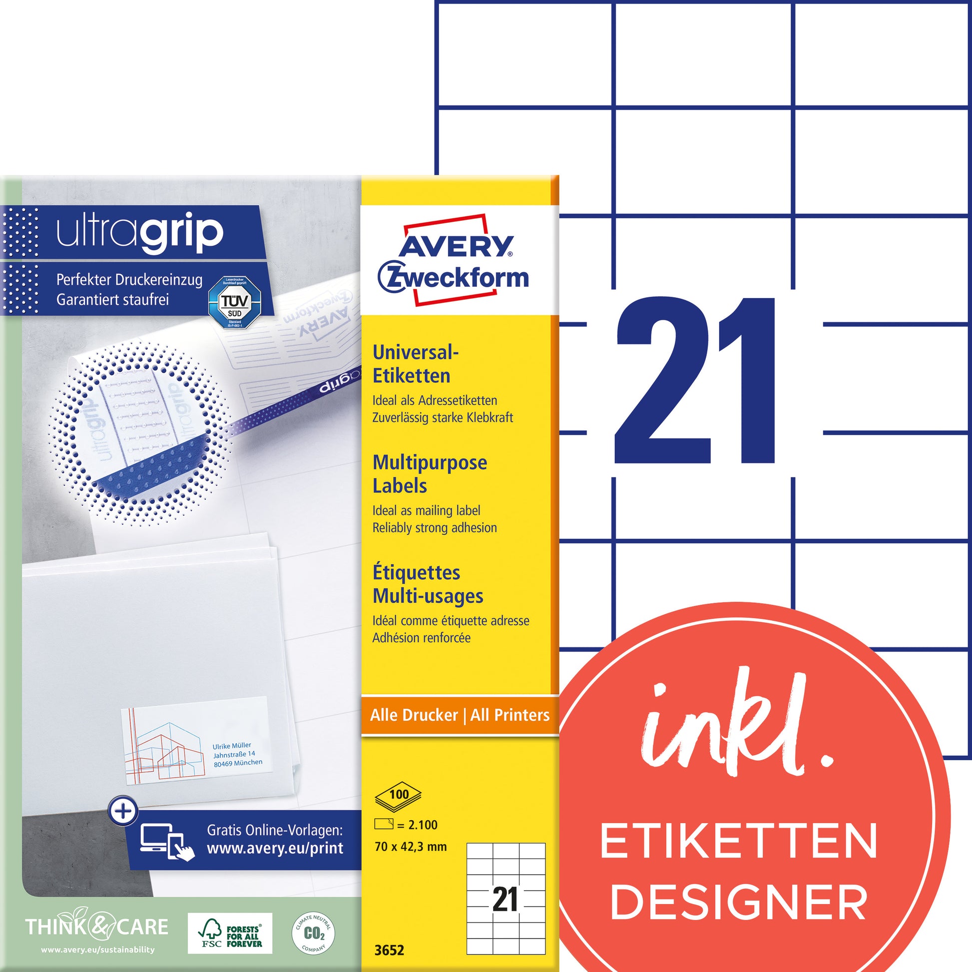 AVERY Zweckform – Etiketten A4 70 × 42 mm – Papier, weiss – Laser – 21 pro Blatt, 100 Blätter (2'100 Stk.)
