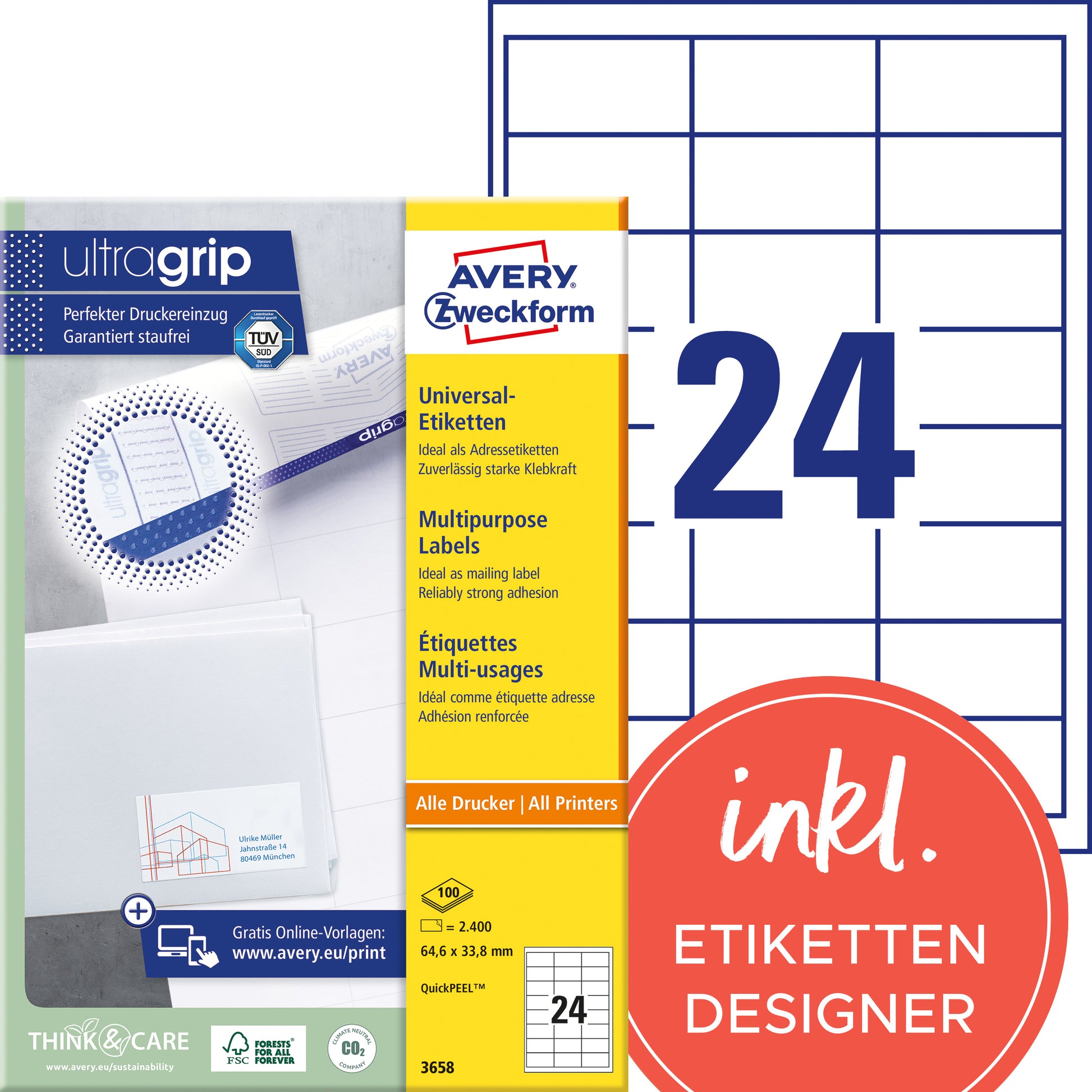AVERY Zweckform – Etiketten A4 65 × 34 mm – weiss – Laser/Inkjet – 24 pro Blatt, 100 Blätter (2'400 Stk.)