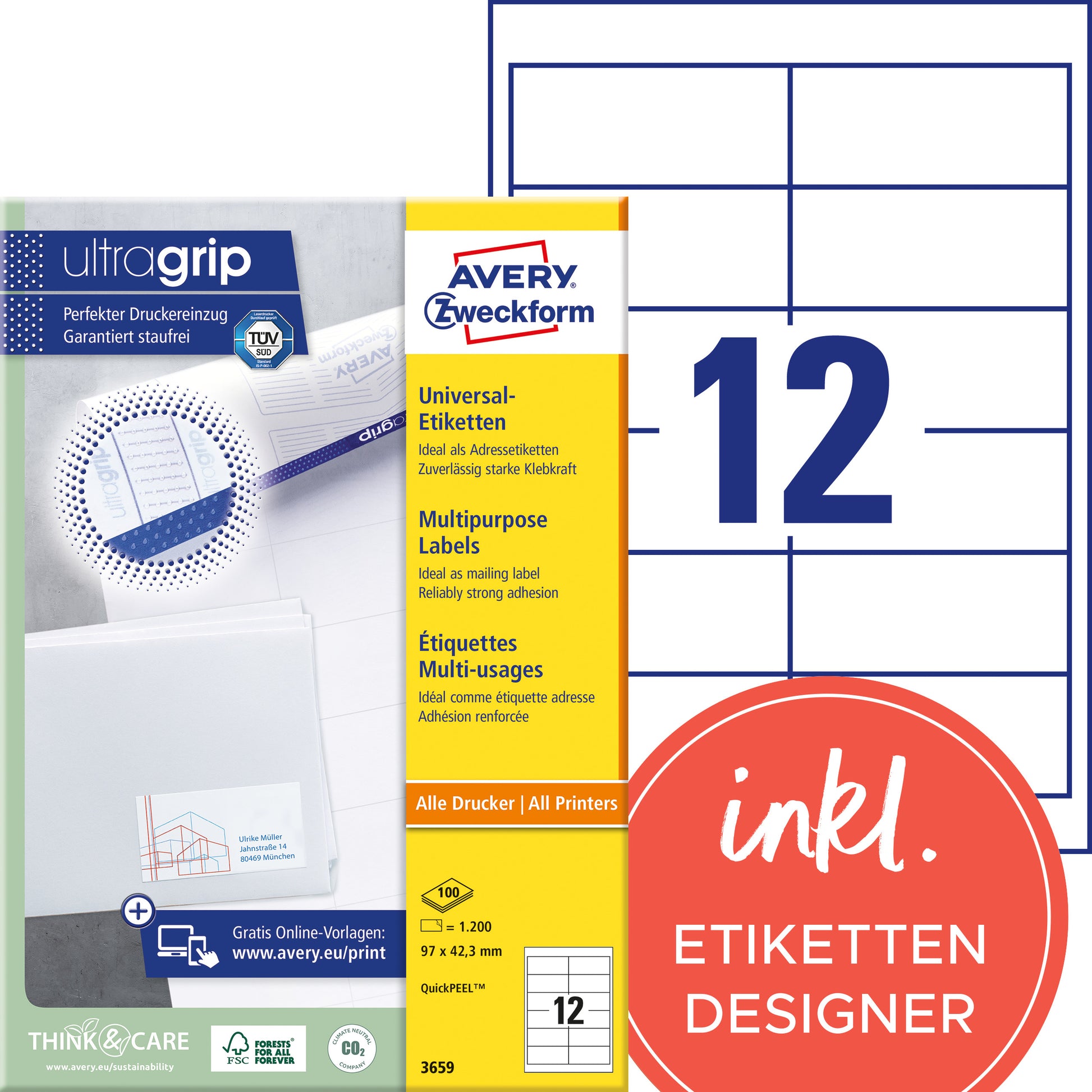 AVERY Zweckform Haftetiketten – rechteckig 97 × 42,3 mm, permanent, weiss, A4, 100 Blatt (1'200 Stk.)