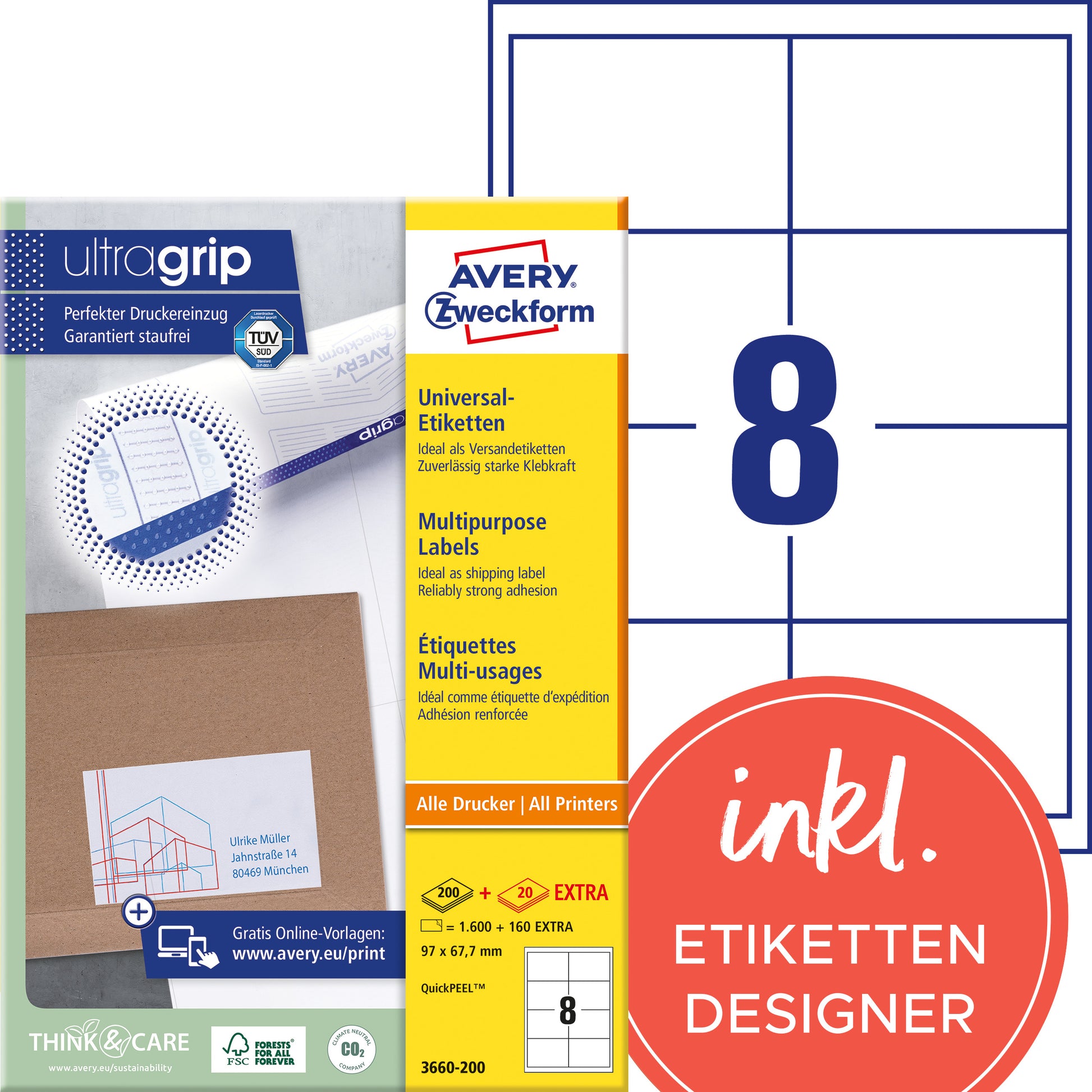 AVERY Zweckform 3660-200 – Etiketten A4 97 × 68 mm – weiss – Laser/Inkjet – 8 pro Blatt, 200 Blätter (1'600 Stk.)