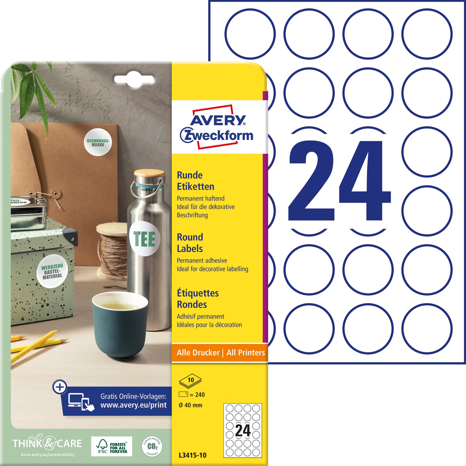 AVERY Zweckform L3415-10 – Markierungspunkte Ø 40 mm – Papier, weiss – permanent haftend – 240 Stk.
