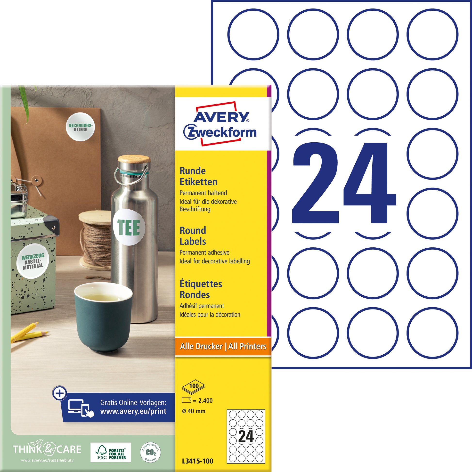 Avery L3415-100 – Markierungspunkte Ø 40 mm – 24 pro Blatt, 100 Blätter (2'400 Stk.) – Papier – permanent haftend
