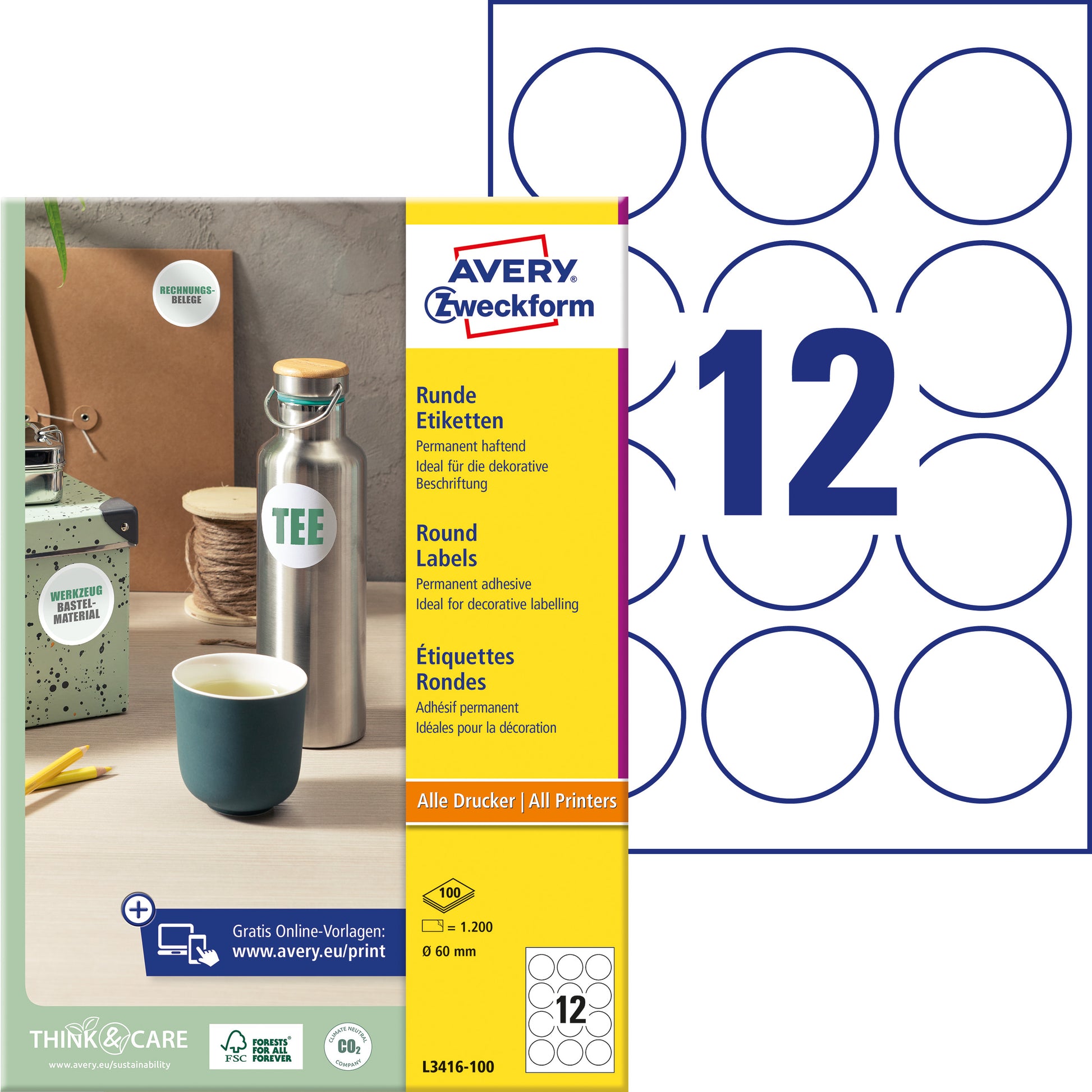 Avery Etiketten A4 Ø 60 mm – Papier – permanent haftend – Laser/Inkjet – 12 pro Blatt, 100 Blätter (1'200 Stk.)