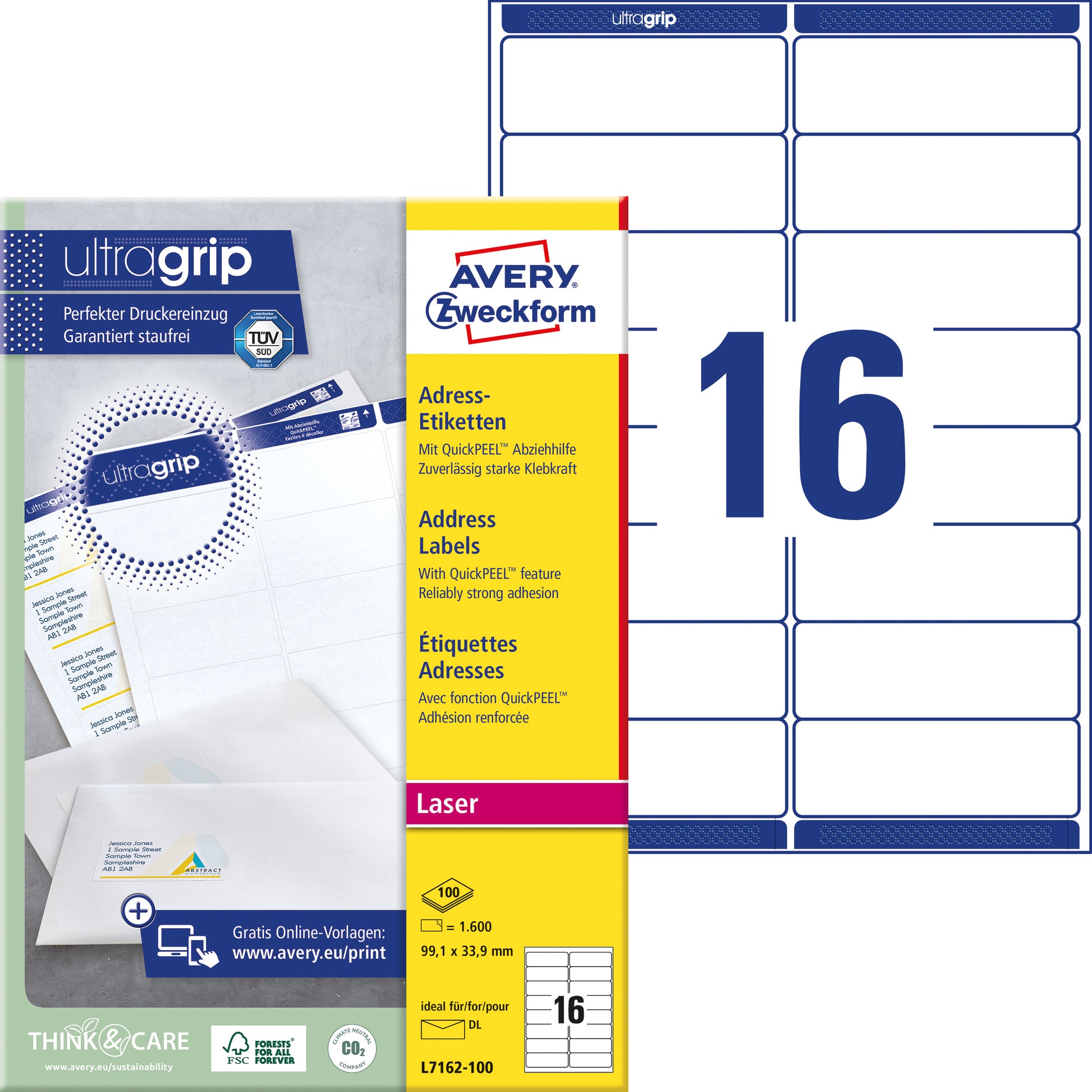 Avery L7162-100 – Etiketten A4 99 × 34 mm – Papier, weiss – Laser – 16 pro Blatt, 100 Blätter (1'600 Stk.)