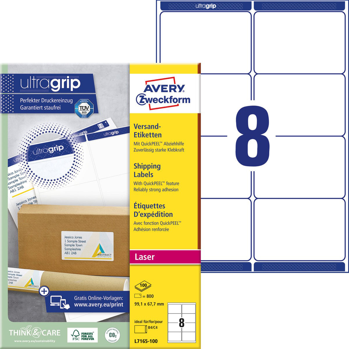 Avery L7165-100 – Etiketten A4 99 × 68 mm – Papier, weiss – Laser – 8/Blatt, 100 Blätter (800 Stk.)