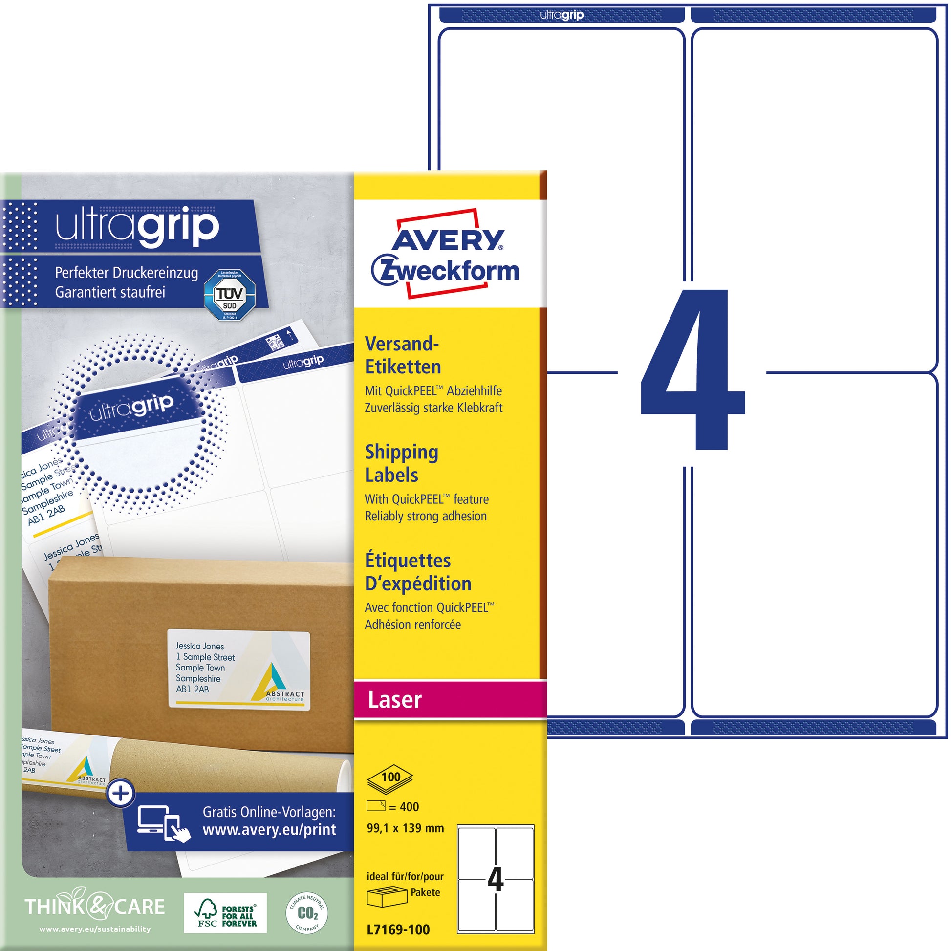 Avery L7169-100 – Etiketten A4 139 × 99 mm – Papier, weiss – Laser/Inkjet – 4 pro Blatt, 100 Blätter (400 Stk.)