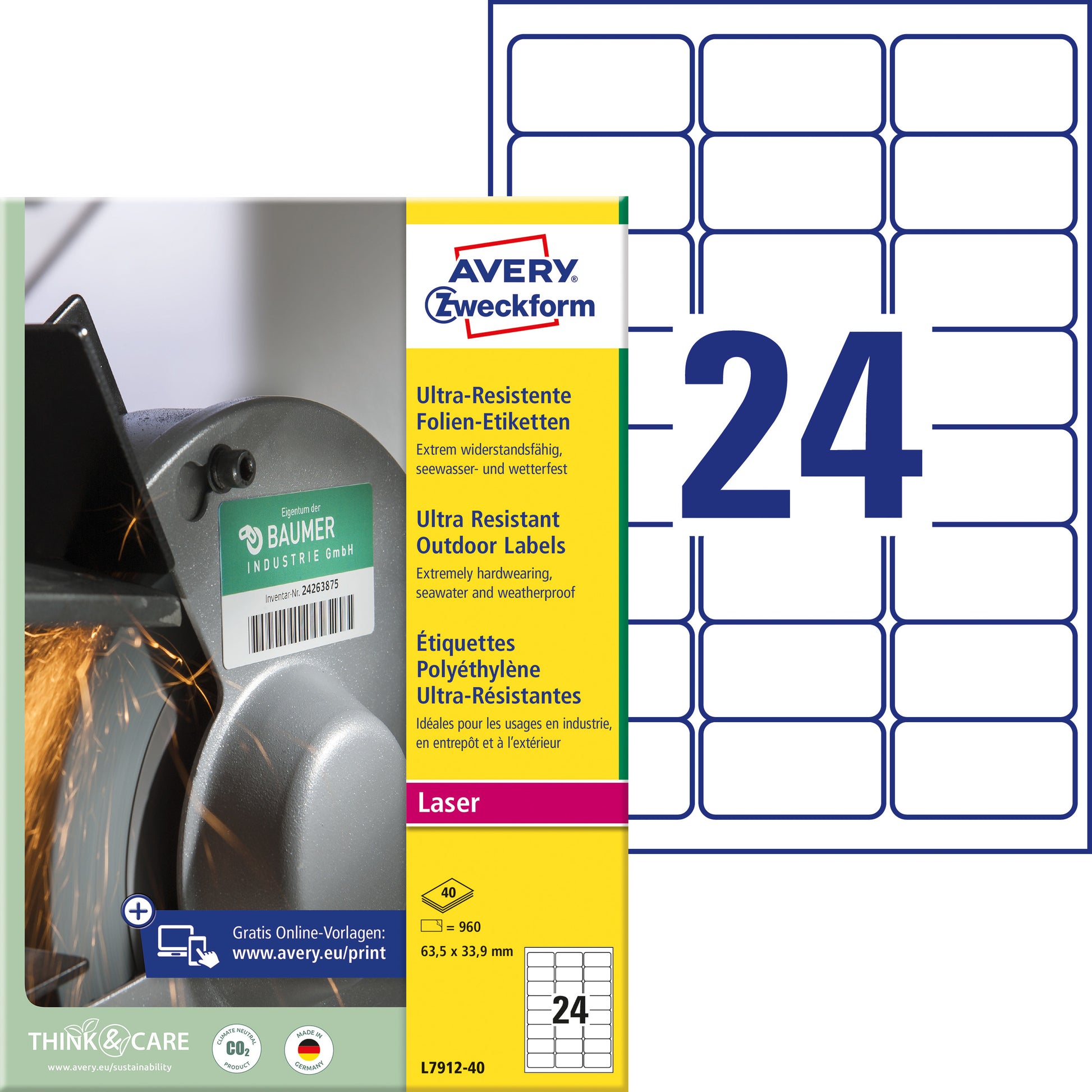 AVERY Zweckform Ultra-Resist. – Etiketten A4 64 × 34 mm – Folie, weiss – extra stark – Laser