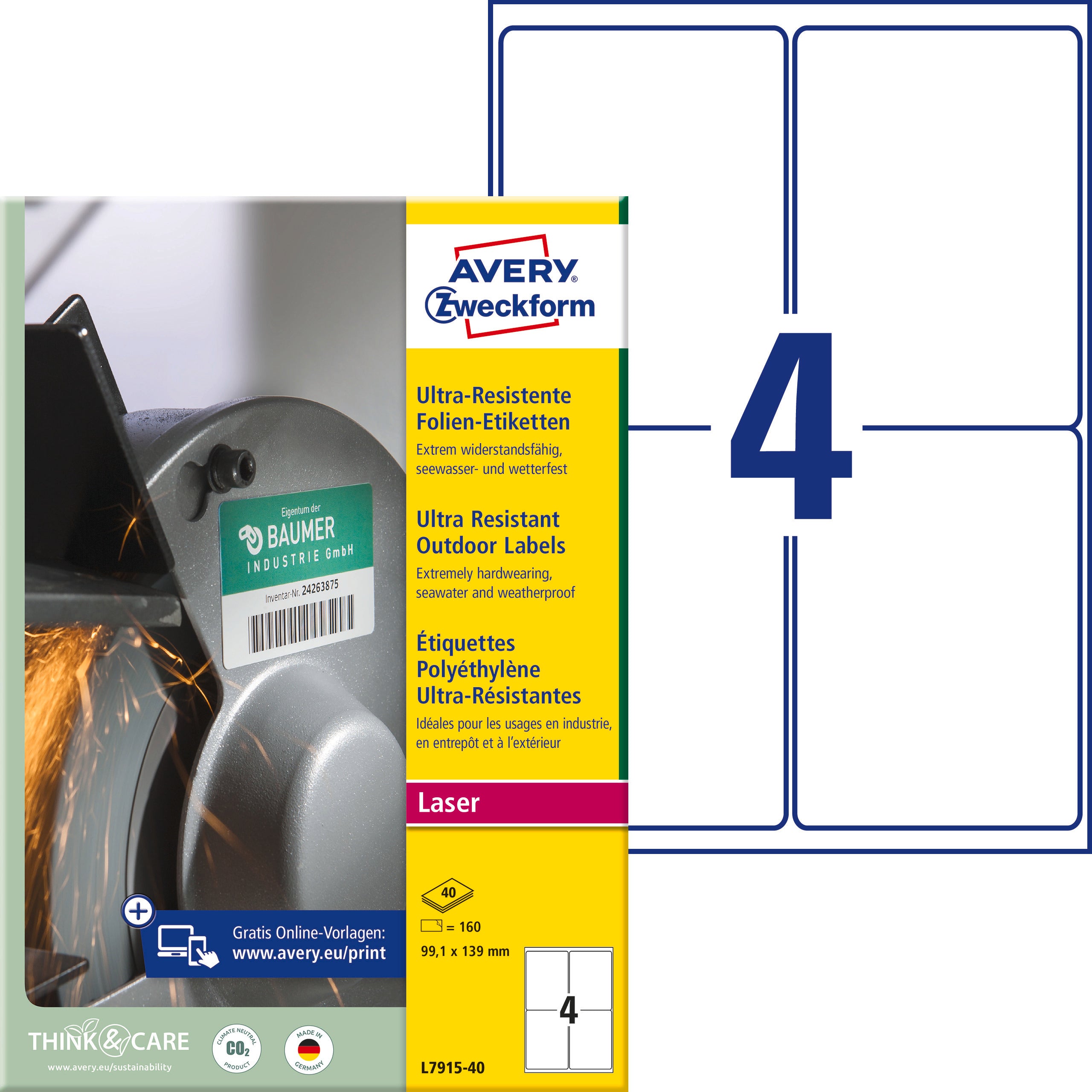 AVERY Zweckform – Etiketten A4 99 × 139 mm – Folie, weiss – extra stark – Laser – 4 pro Blatt, 40 Blätter (160 Stk)