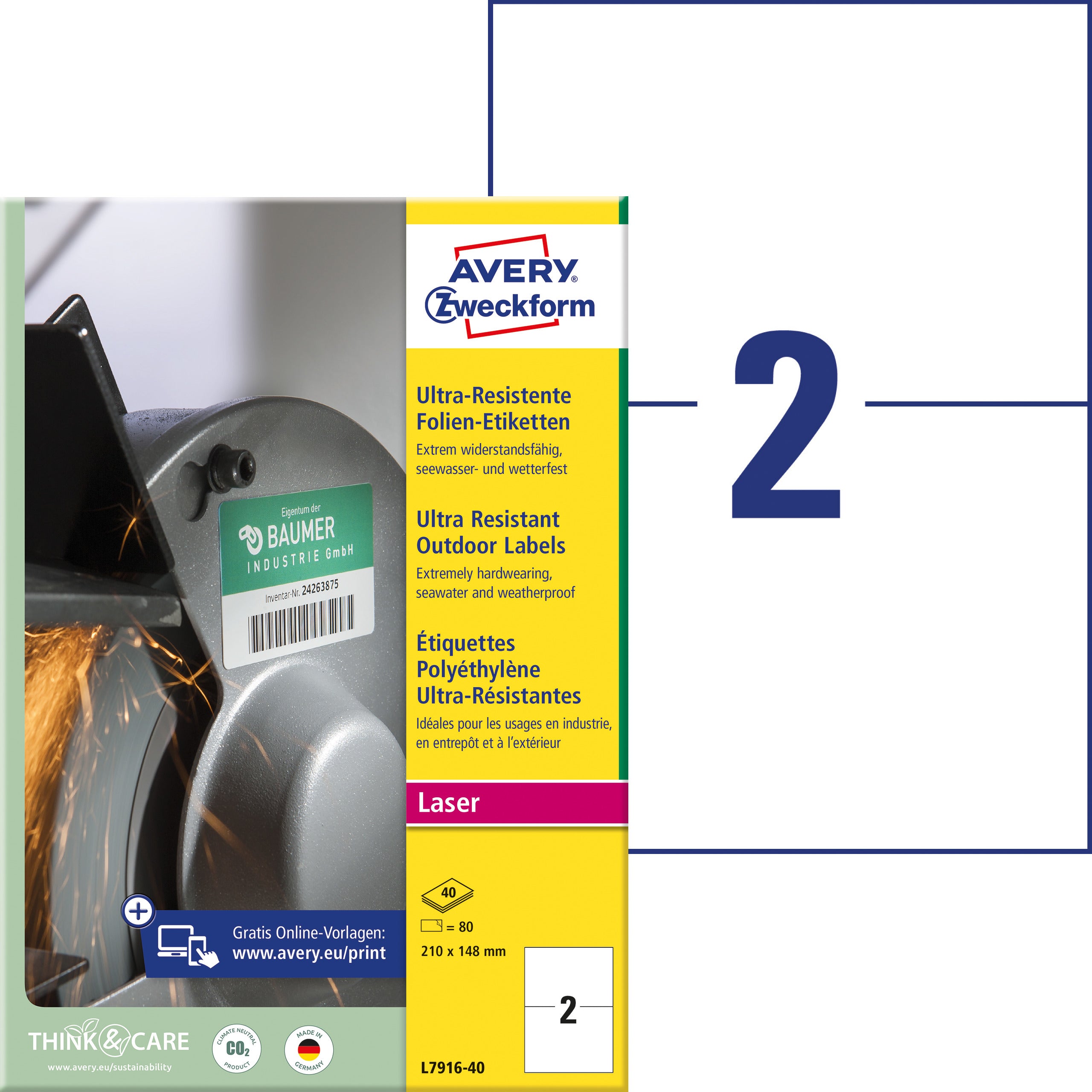 AVERY Zweckform – Folien-Etiketten A4 210 × 148 mm – Folie, weiss – extra stark – Laser – 2 pro Blatt, 40 Blätter