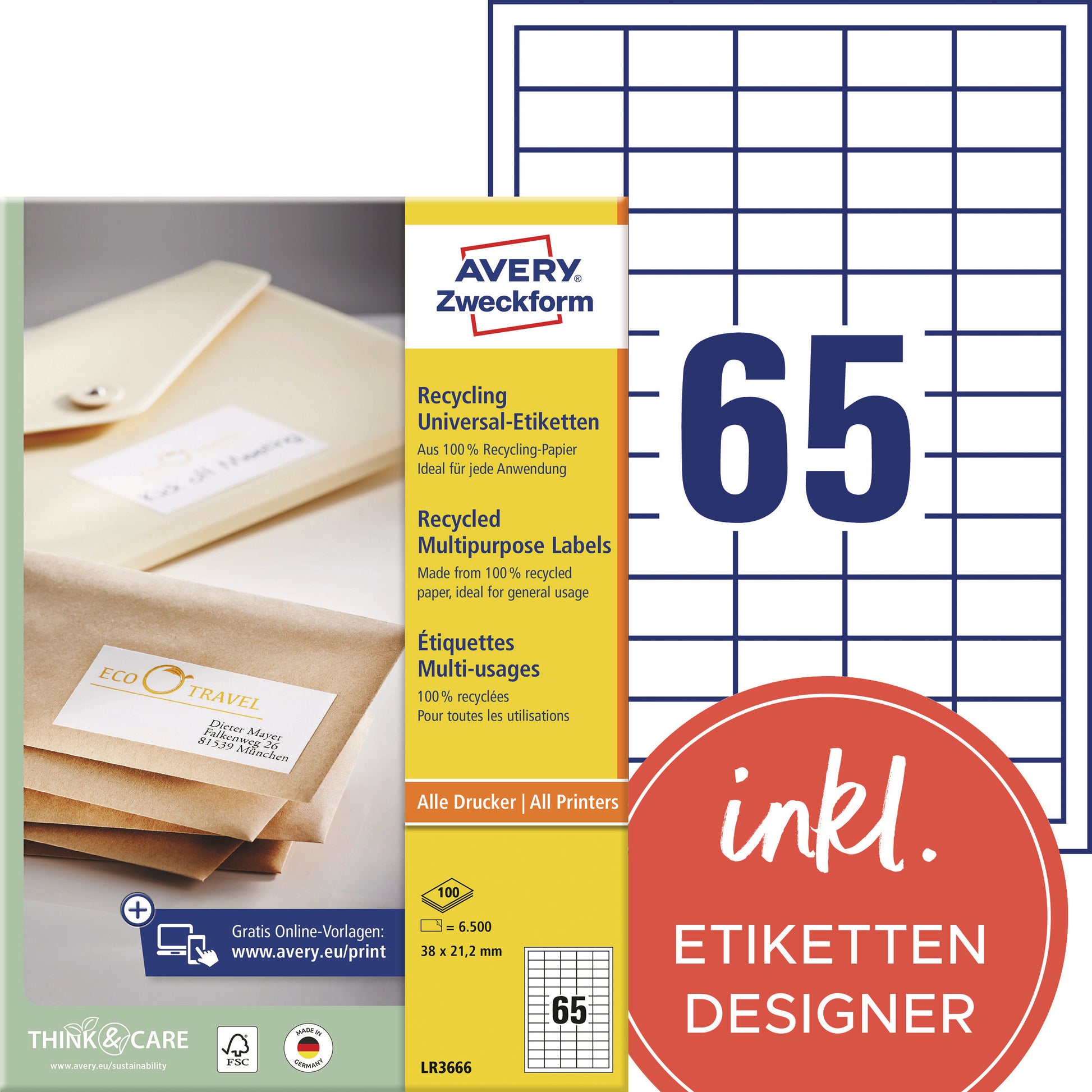 Avery Zweckform Haftetiketten – rechteckig 38 × 21,2 mm, stark haftend, weiss, A4, 100 Blatt (6'500 Stk.)