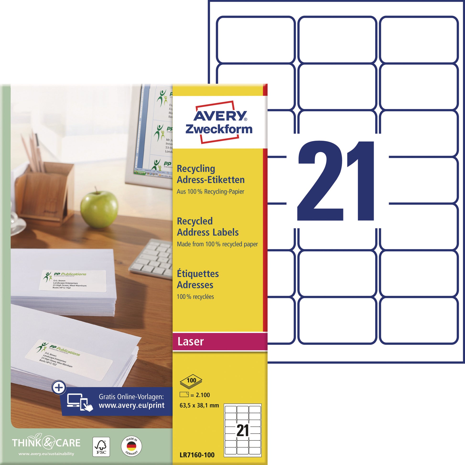 Avery Zweckform – Etiketten A4 63,5 × 38,1 mm – permanent haftend – Laser/Inkjet – 100 Blätter (2'100 Stk.)