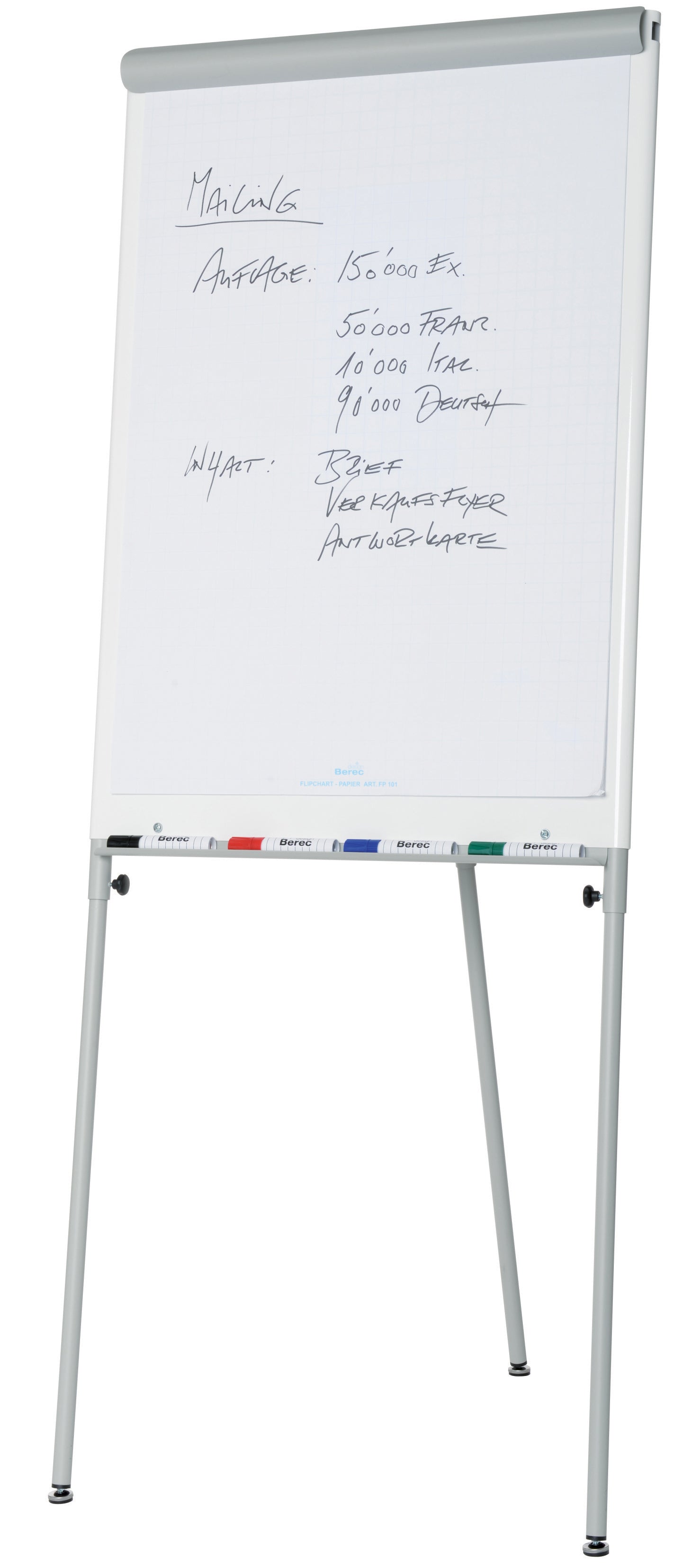 Berec TOP 434.102 Flipchart Dreibein, magnetisch – 80 × 121 cm, mit 2 Seitenarmen