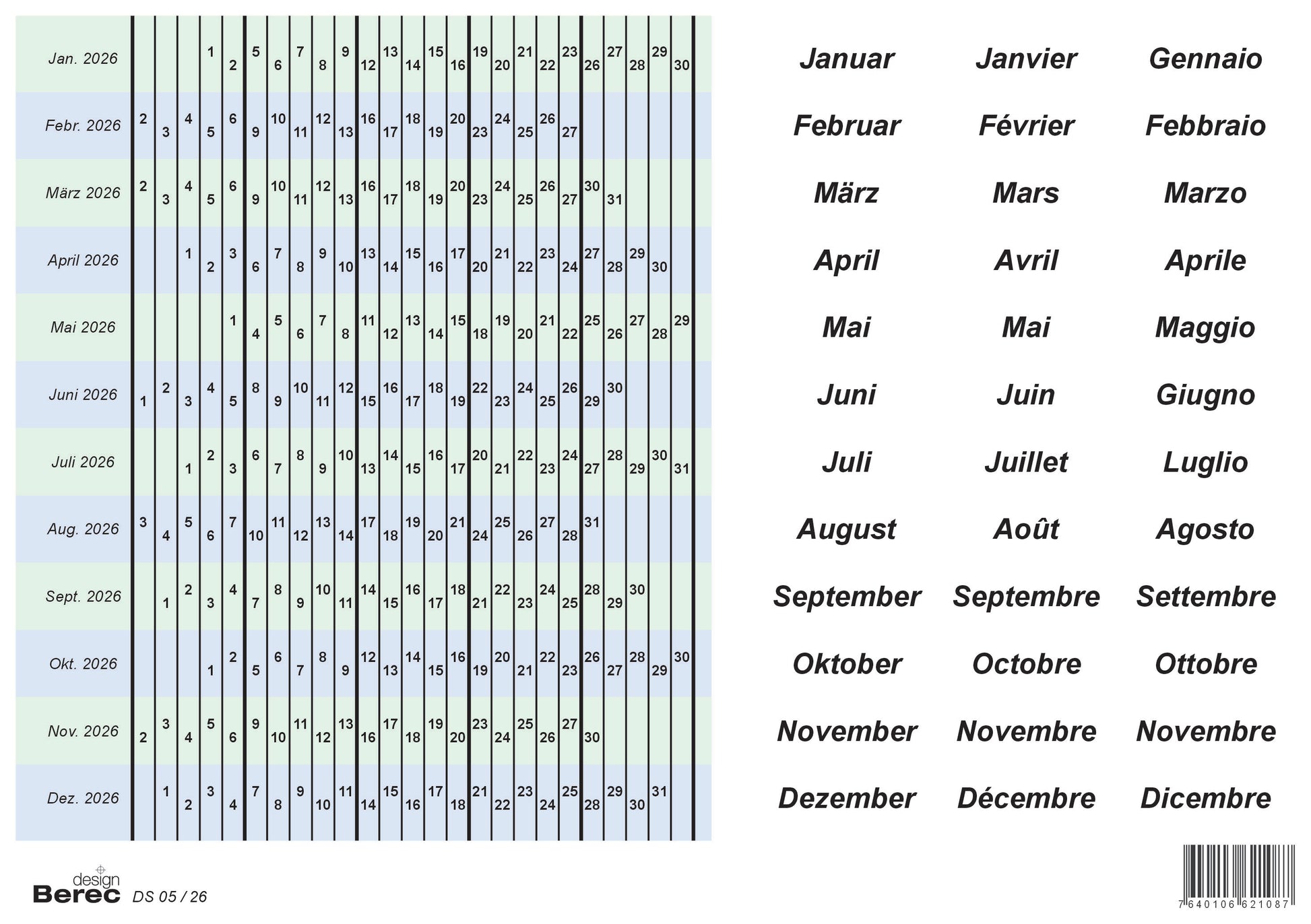 Berec Ersatzkalender – für Planungstafeln – 2026 – selbstklebend, 5-Tage-Woche – 208 × 10 mm