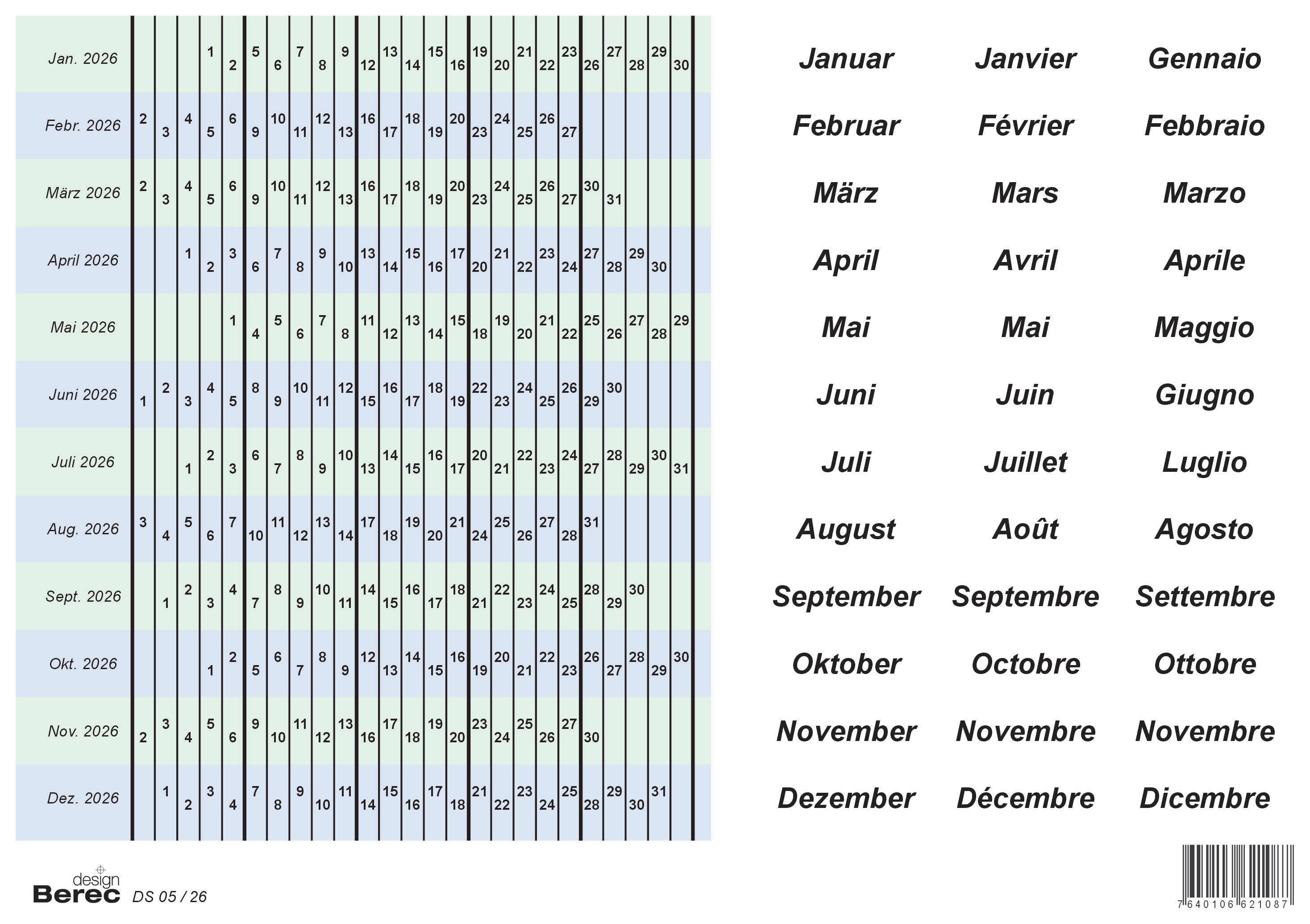 Berec Ersatzkalender – für Planungstafeln – 2026 – selbstklebend, 5-Tage-Woche – 208 × 10 mm