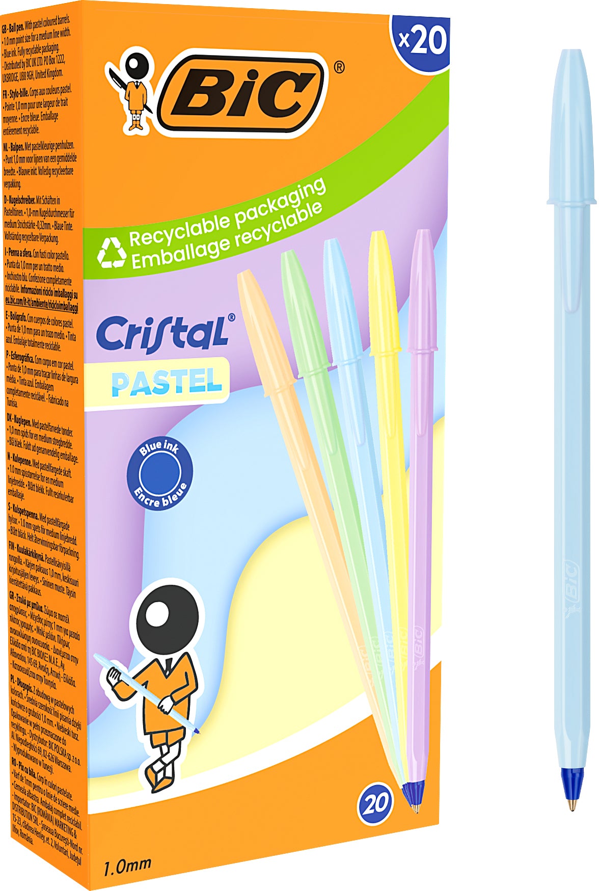 BIC Cristal Pastel Kugelschreiber – Blau, Spitze 0,32 mm, Deckel, Kunststoff, Mehrfarbig