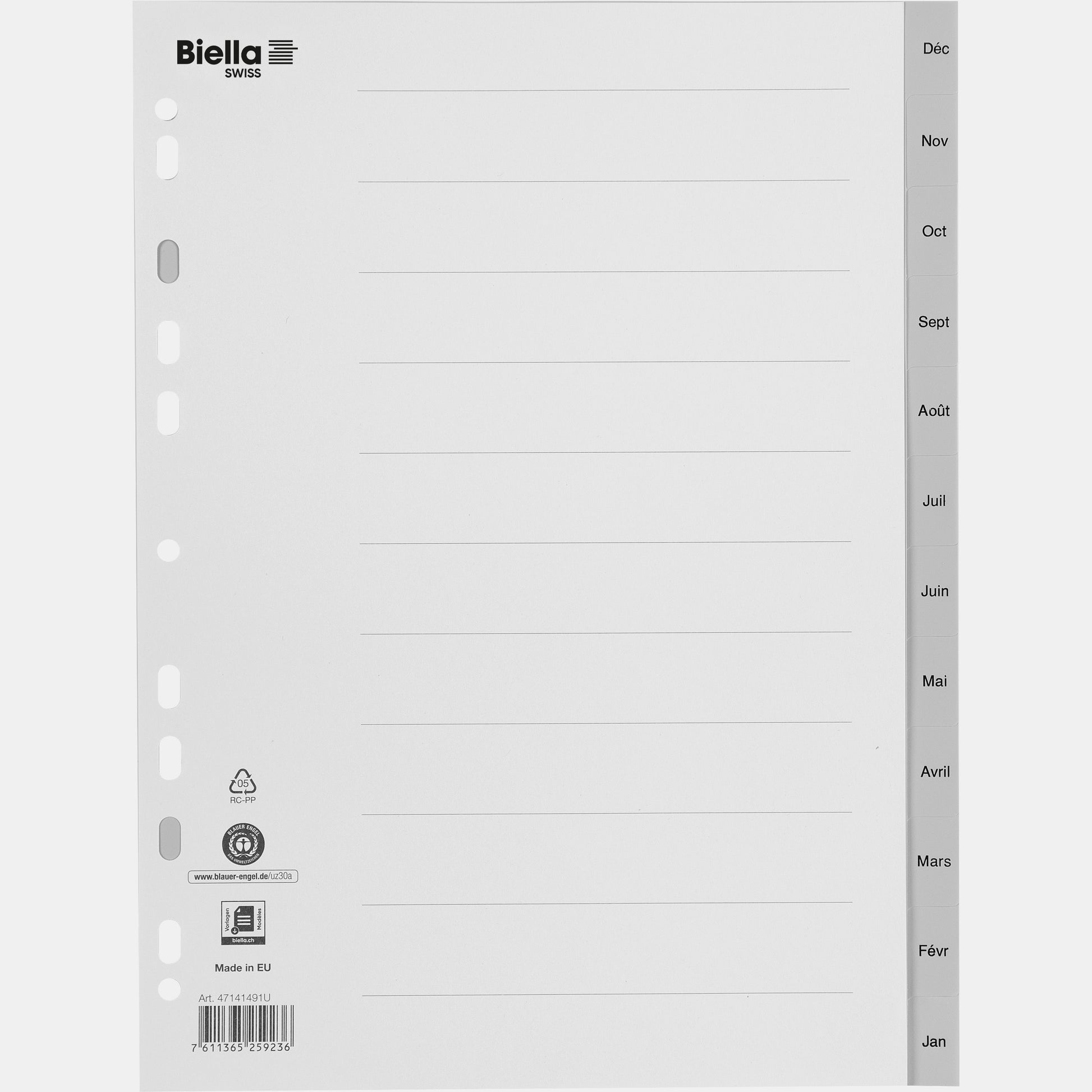 Biella Register A4 – Monate Dez.–Jan., PP grau