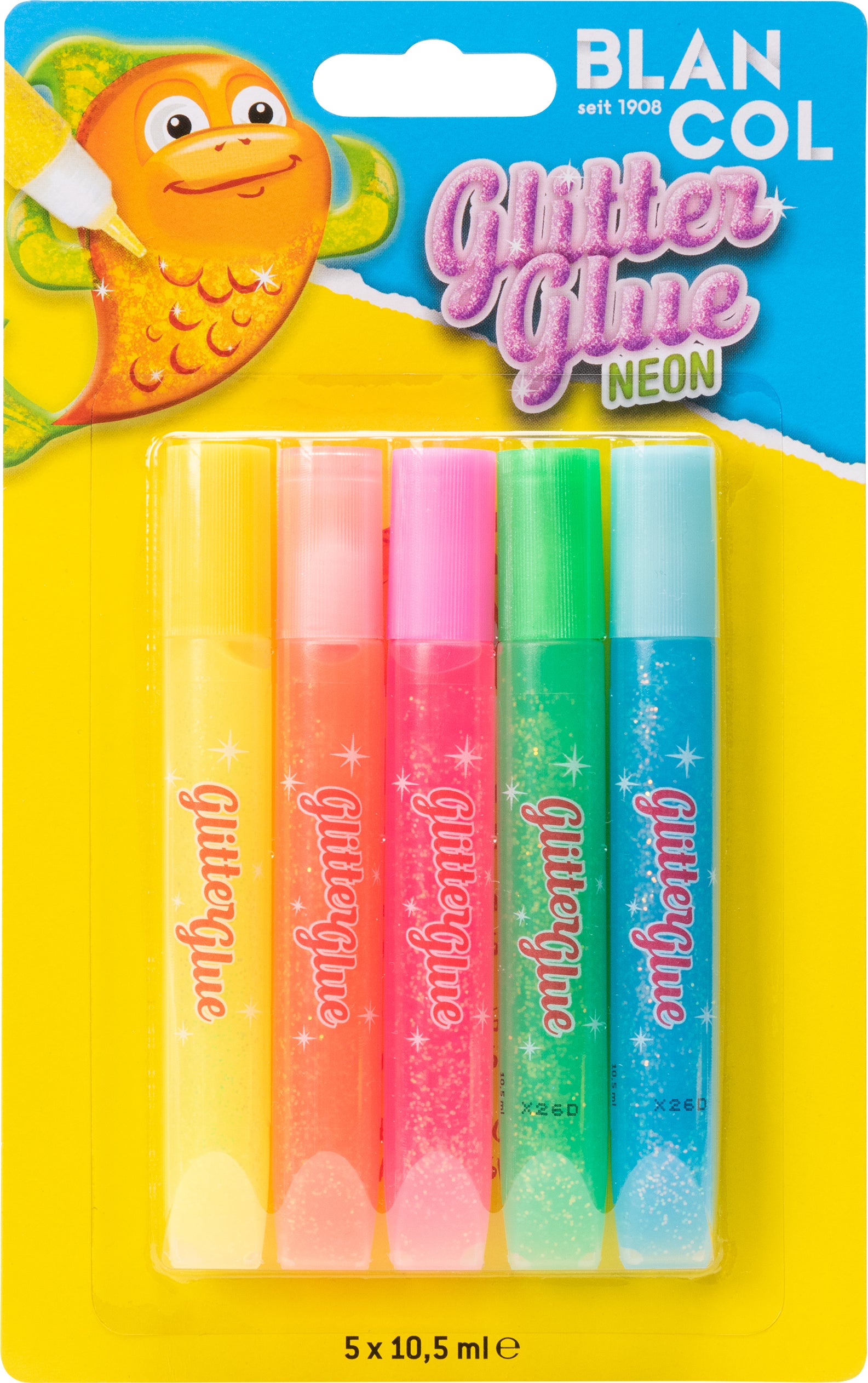 BLANCOL Glitzerkleber Neon – sortiert, 5 × 10,5 ml, für Karton, Papier