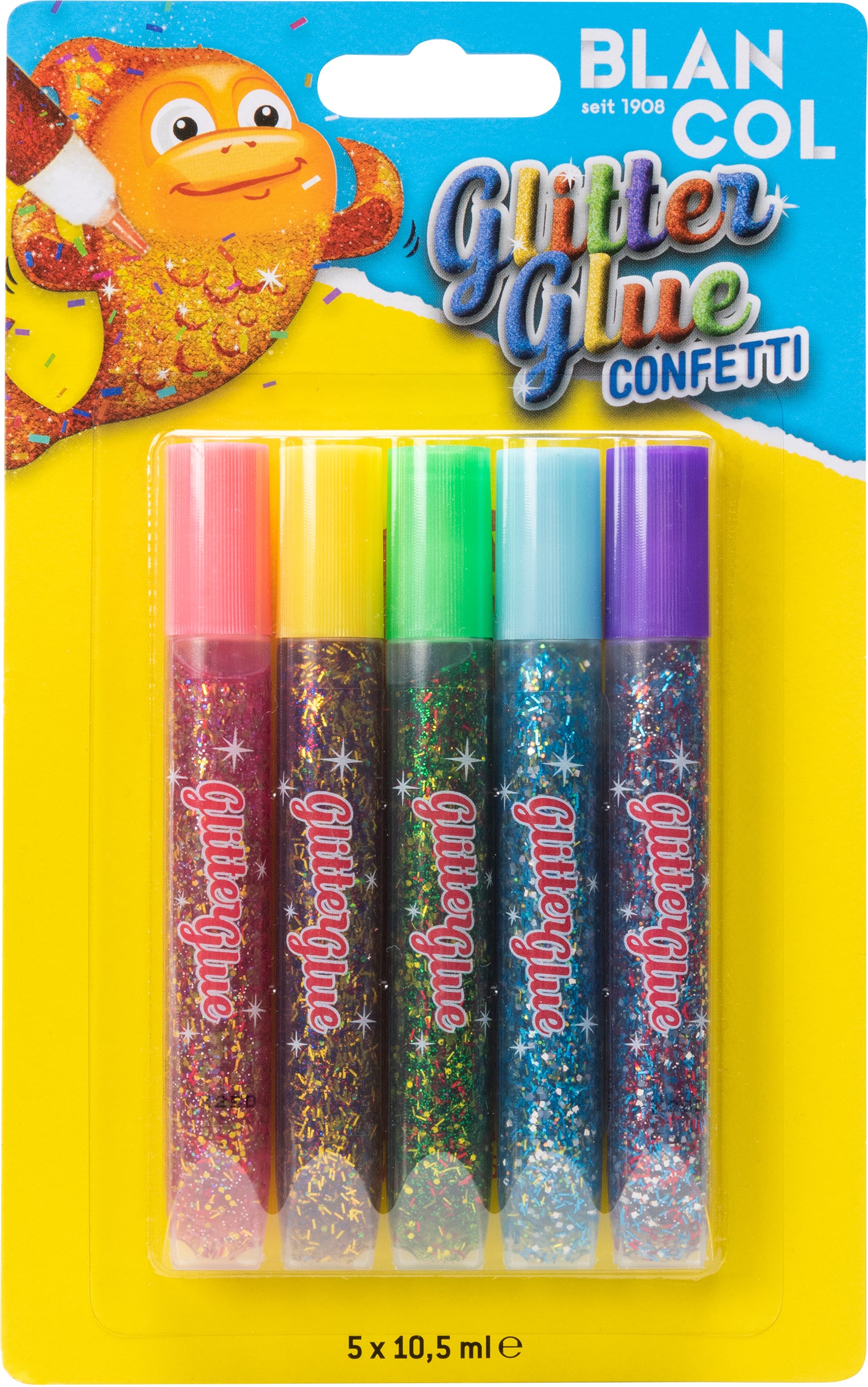 BLANCOL Glitzerkleber Confetti – sortiert, 5 × 10,5 ml, für Karton, Papier