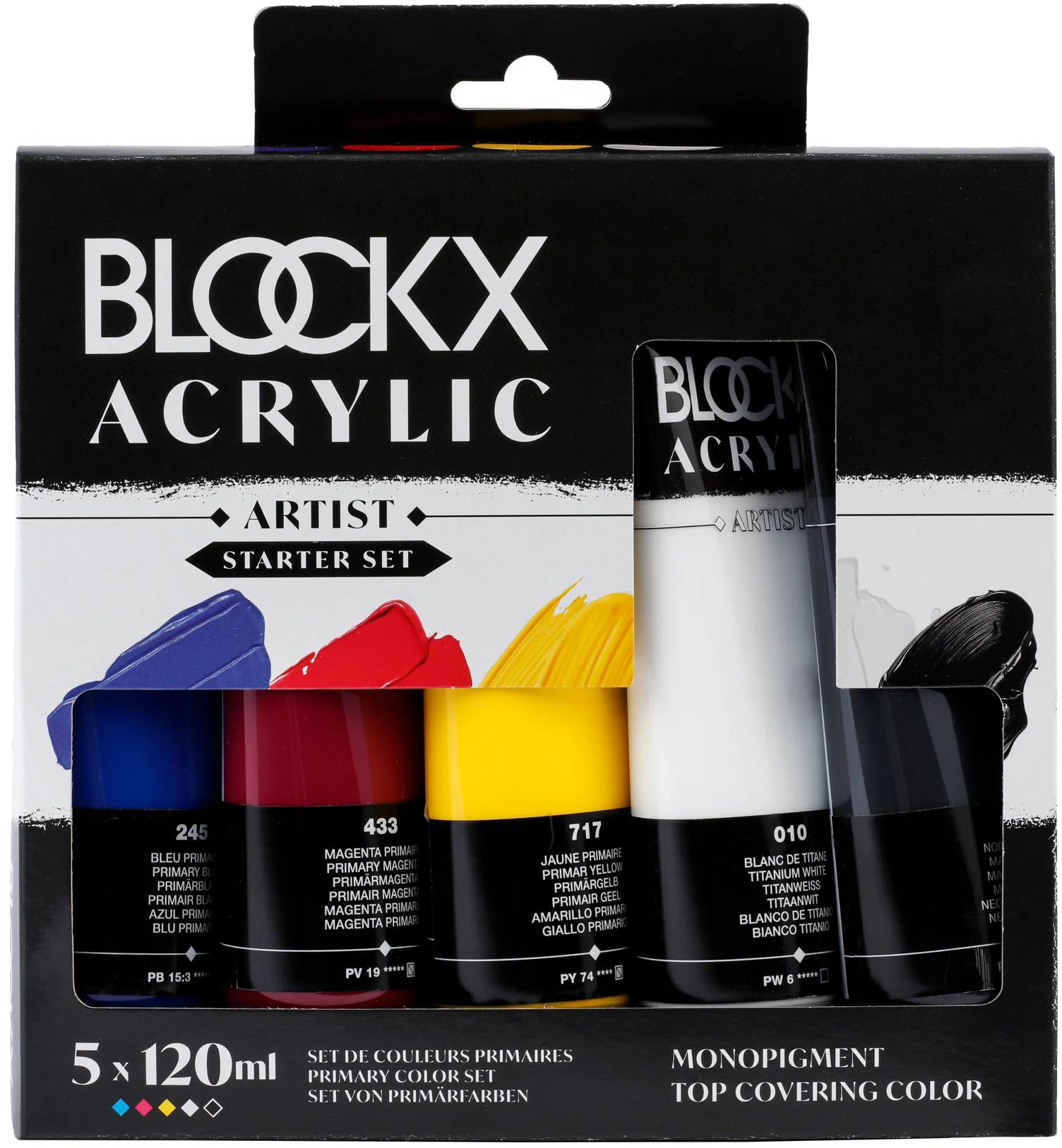 Blockx Acrylic Artist Acrylfarbe – Primärfarben, seidenmatt – 5 Farben – 5×120 ml (600 ml)