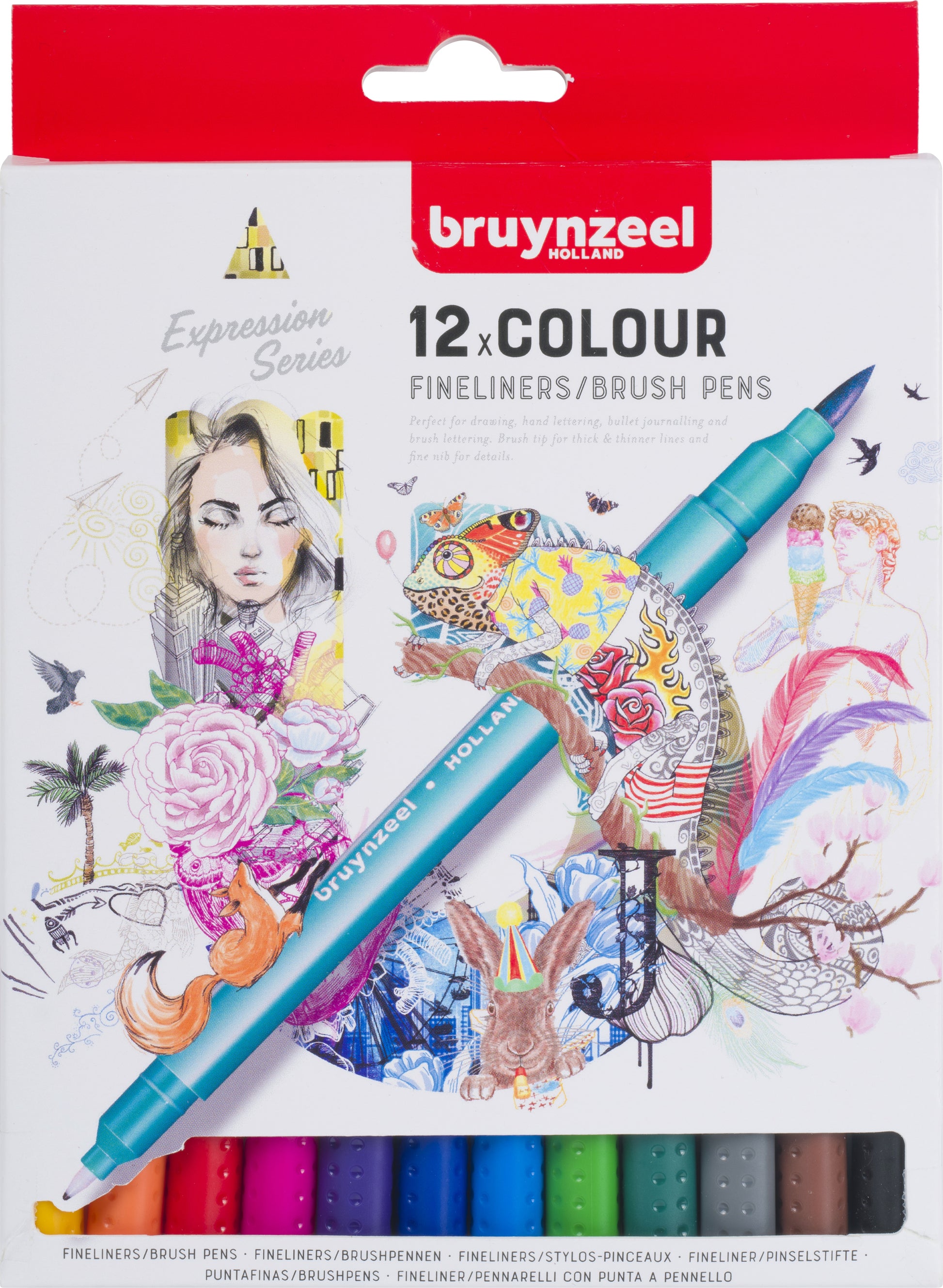 Bruynzeel Brush Pen – Doppelspitze, Pinsel + 0,4 mm, wasserbasiert, 12 Farben
