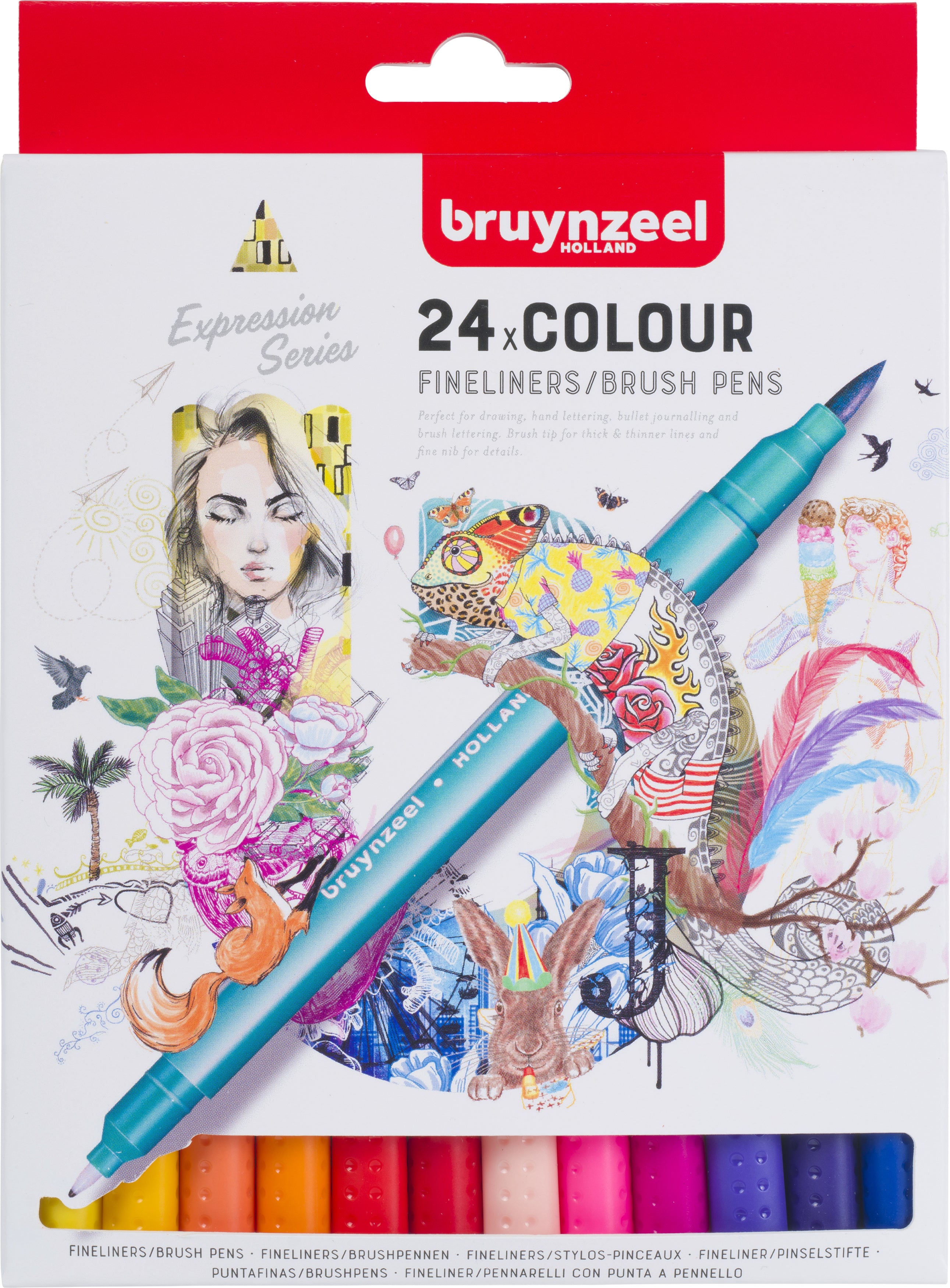 Bruynzeel Fineliner/Pinselstift Set – 0,4 mm, sortiert