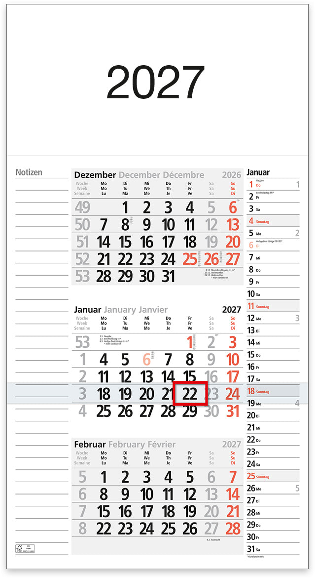 Bühner 3-Monats-Kalender, 3 Monate pro Seite, 2027, 30,2 × 42,3 cm, mit Streifenkalender