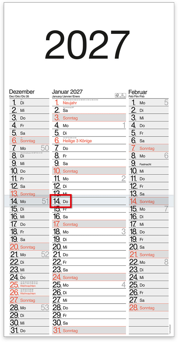 Bühner 3-Monats-Kalender, 3 Monate pro Seite, 2027, 30 × 59 cm, mit Streifenkalender