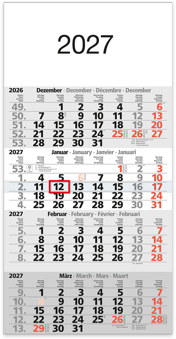 Bühner 4-Monats-Kalender, 4 Monate pro Seite, 2027, 30,2 × 45,4 cm, hoch, mit Streifenkalender