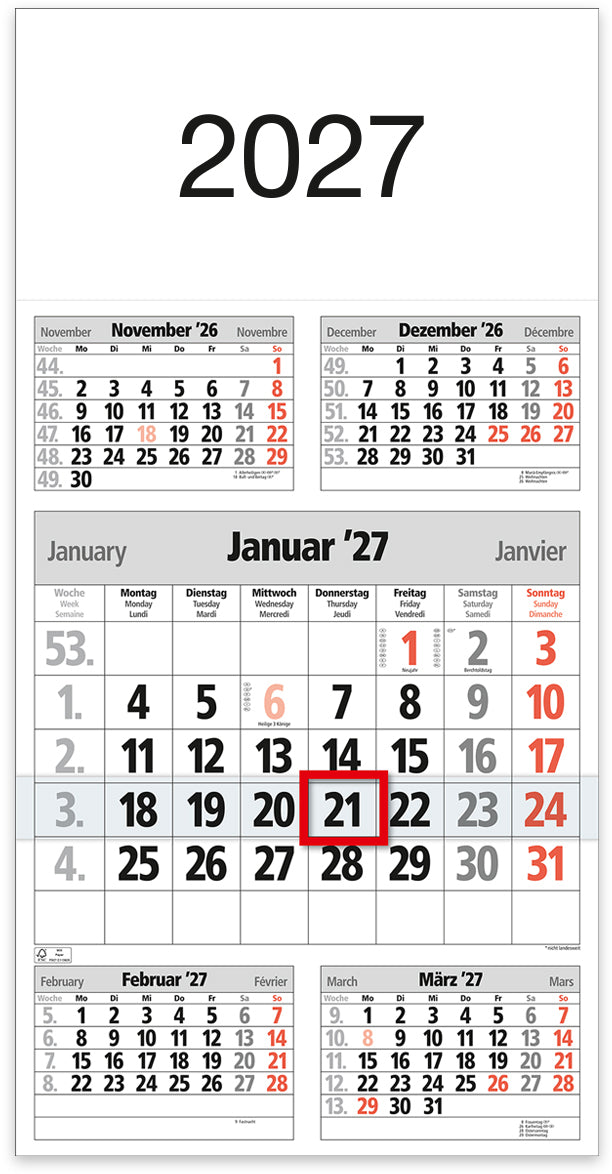 Bühner 5-Monats-Kalender, 5 Monate pro Seite, 2027, 30,2 × 45,3 cm, mit Streifenkalender