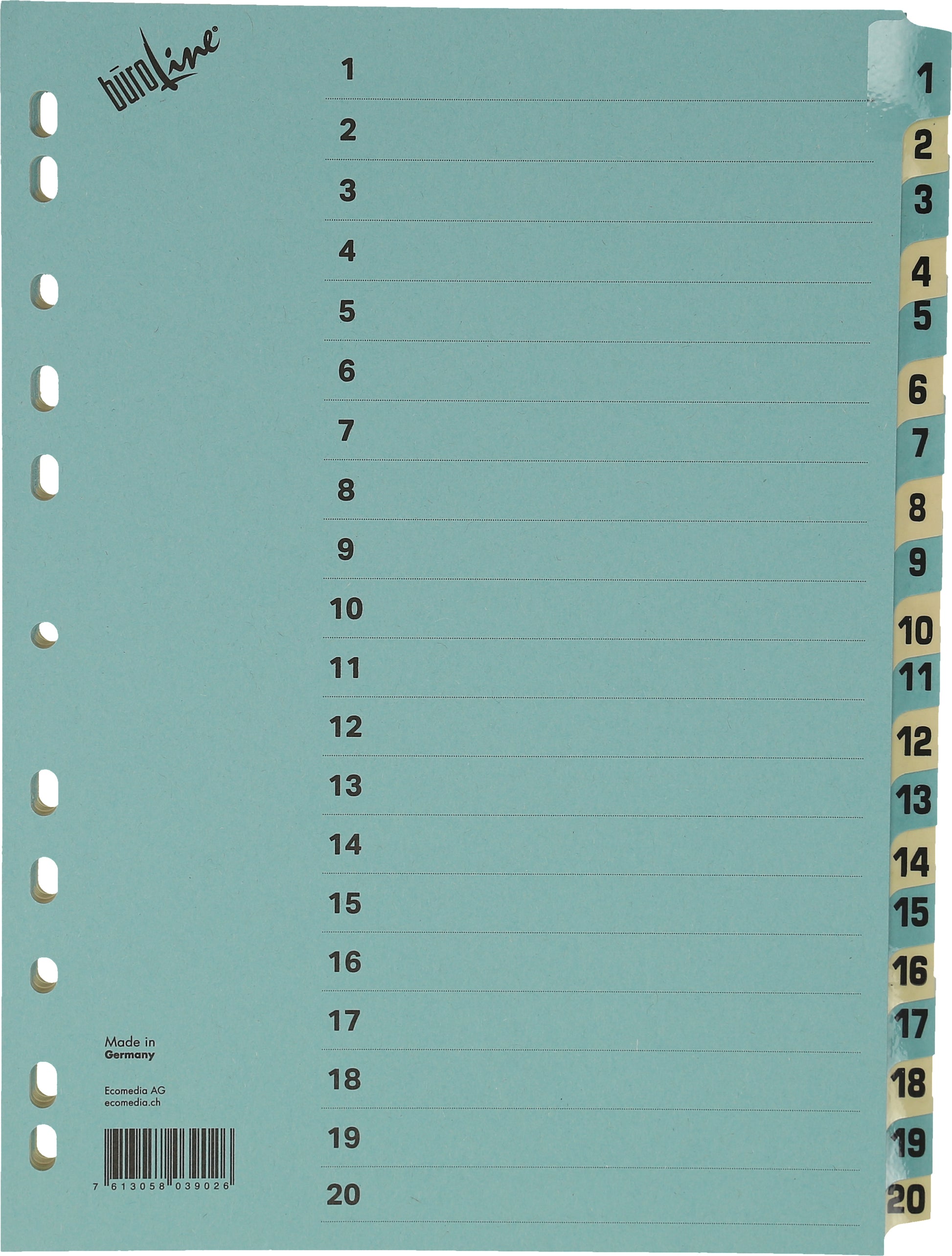 Büroline Register A4 – nummeriert 1–20, 20 Taben, Karton blau/beige, verstärkte Taben