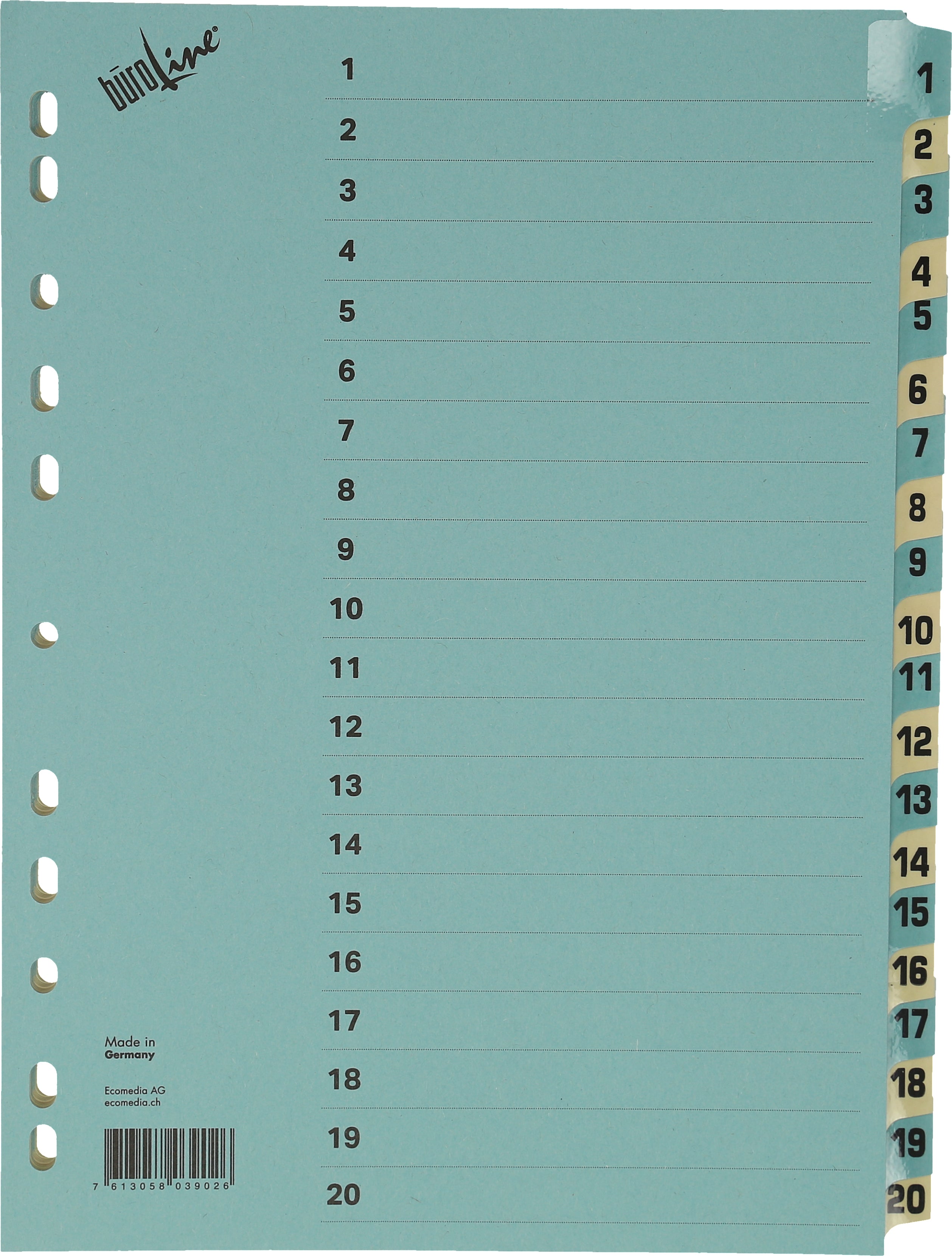 Büroline Register A4 – nummeriert 1–20, 20 Taben, Karton blau/beige, verstärkte Taben