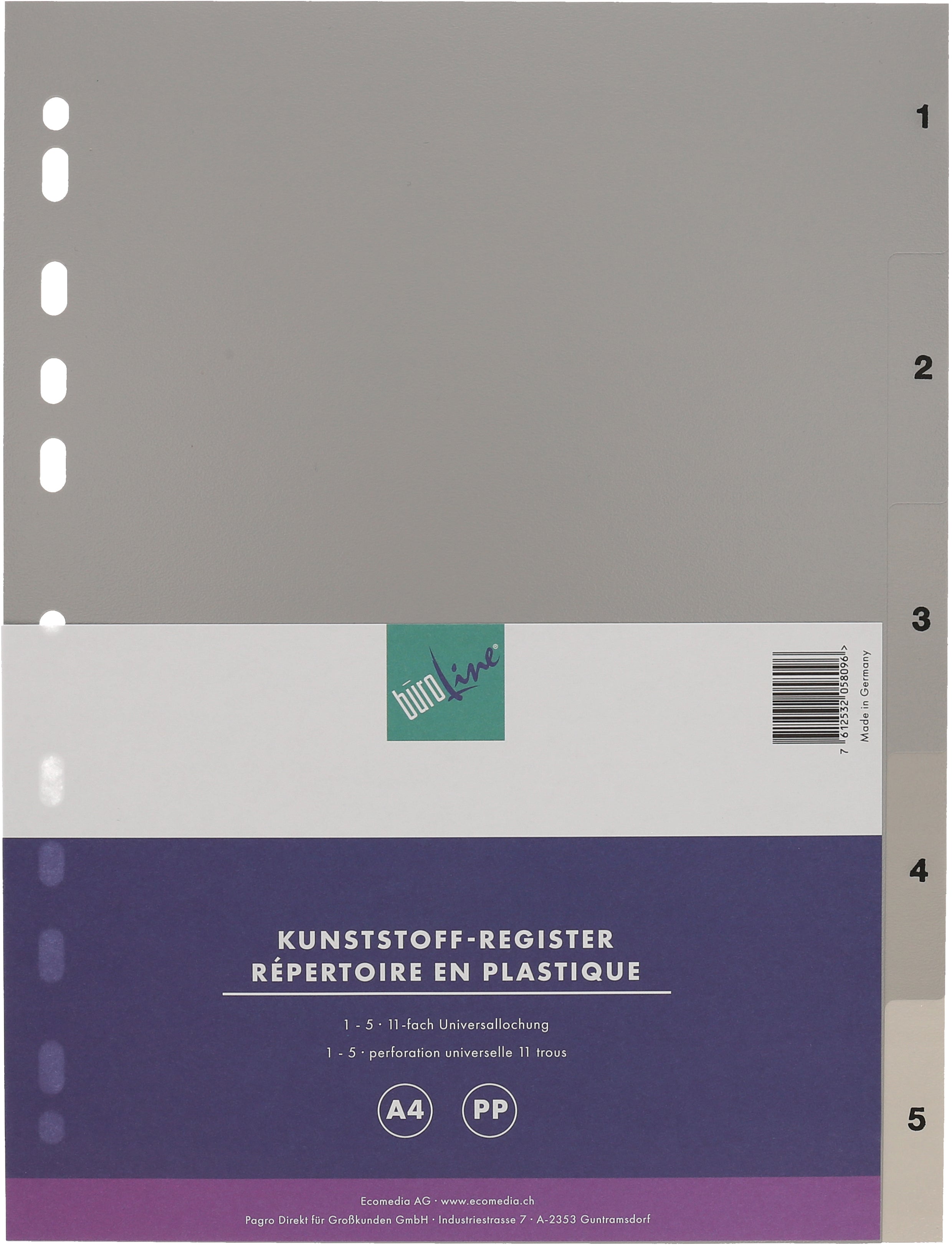 Büroline Register A4 – nummeriert 1–5, PP grau