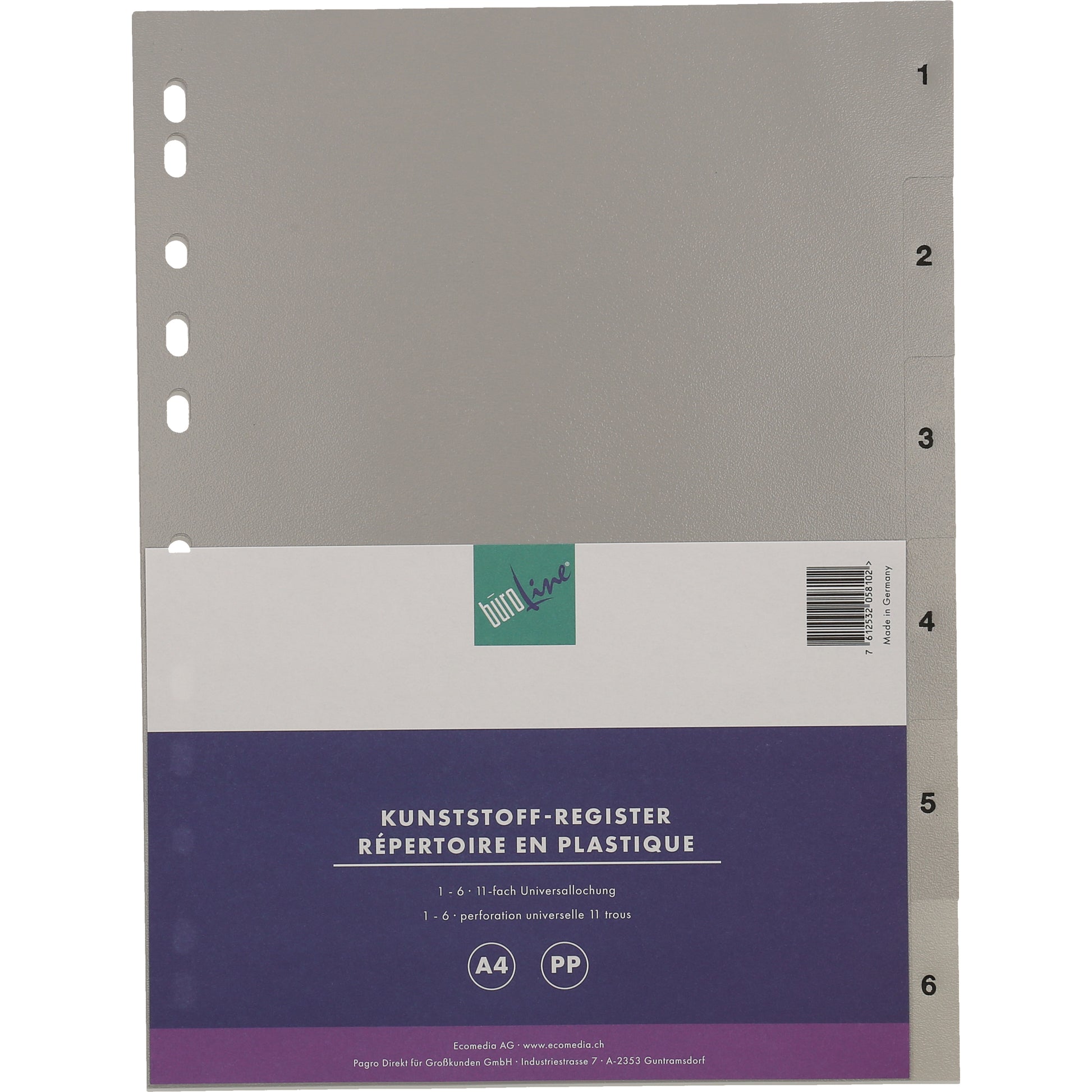 Büroline Register A4 – nummeriert 1–6, PP grau
