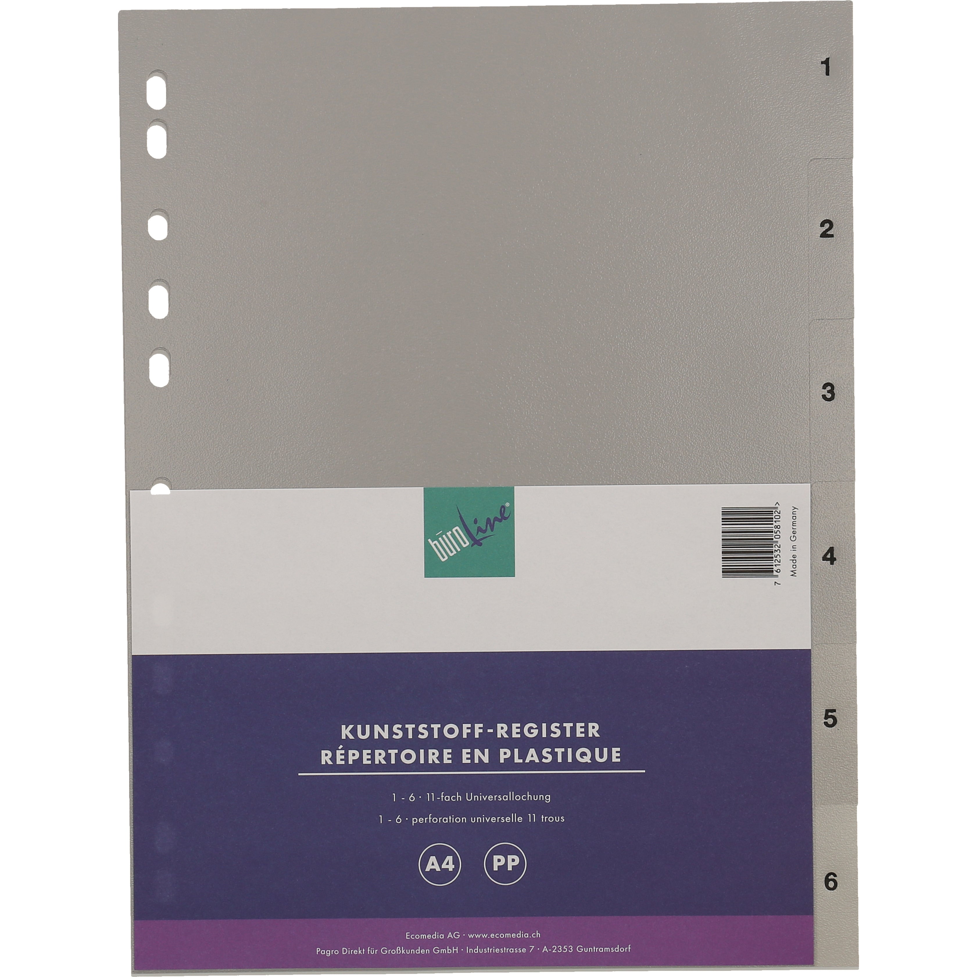 Büroline Register A4 – nummeriert 1–6, PP grau