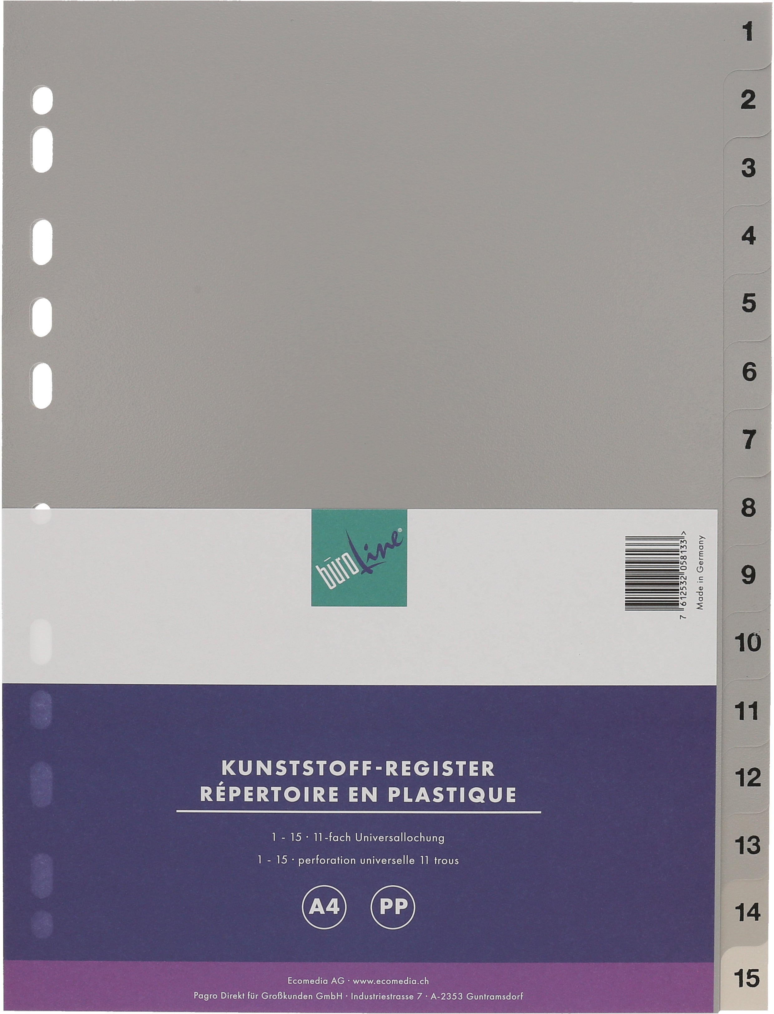 Büroline Register A4 – nummeriert 1–15, PP grau