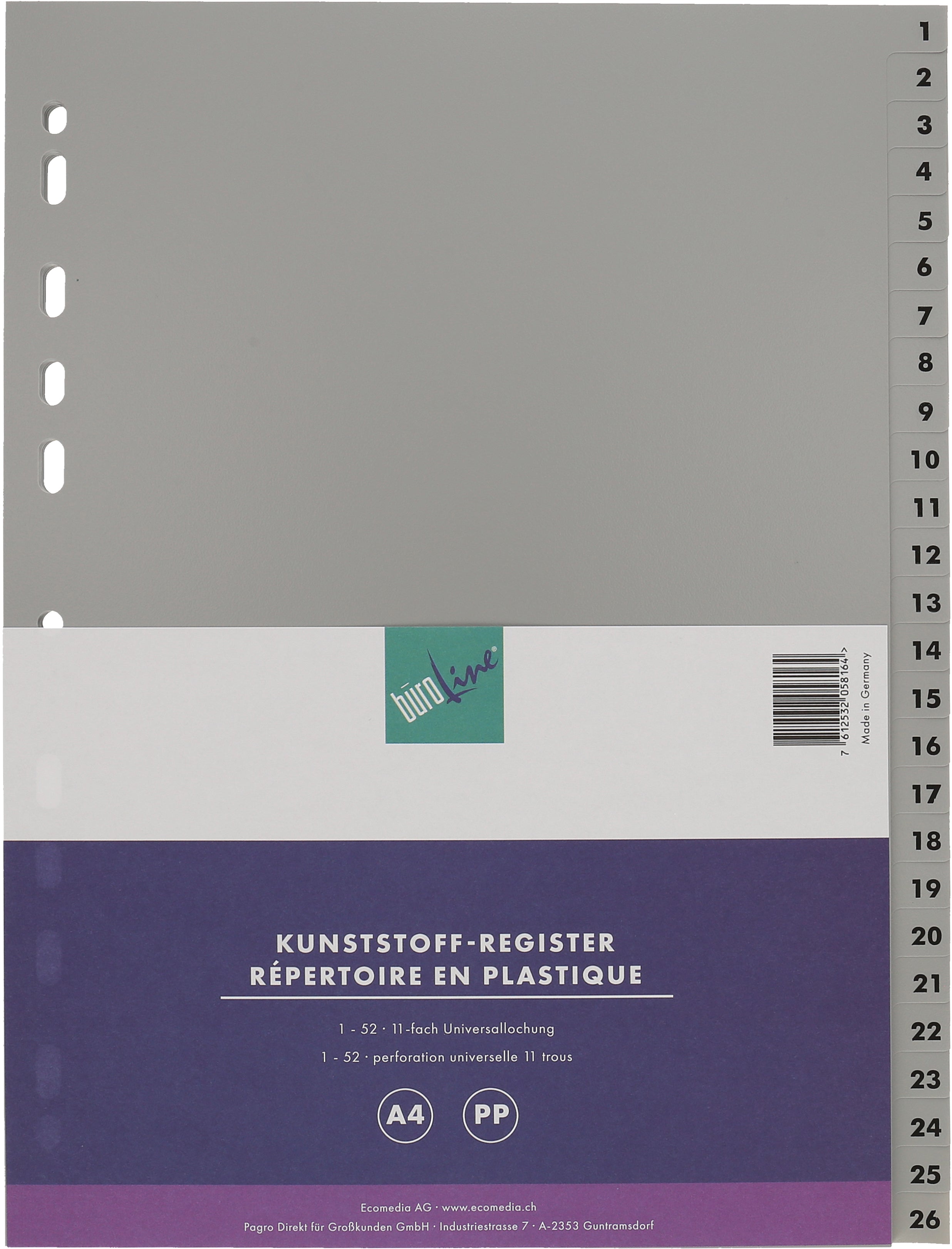 Büroline Register A4 – nummeriert 1–52, 52 Taben, PP grau