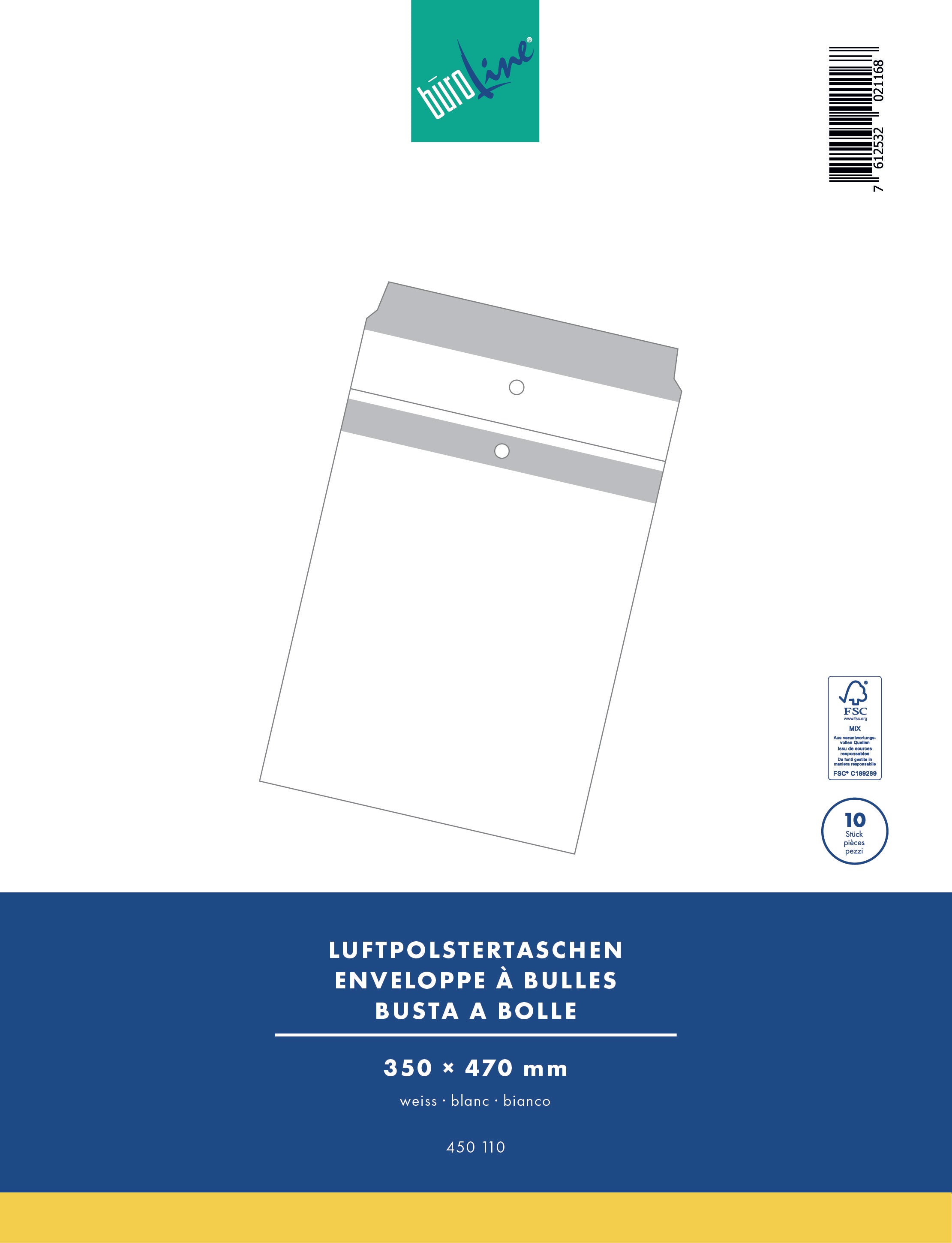 Büroline Luftpolstertasche – 375 × 485 × 55 mm, selbstklebend, Papier/PE, weiss