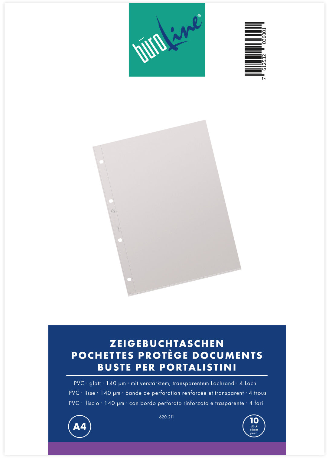 Büroline Prospekthülle A4, 4-Loch, glasklar, 140 µm