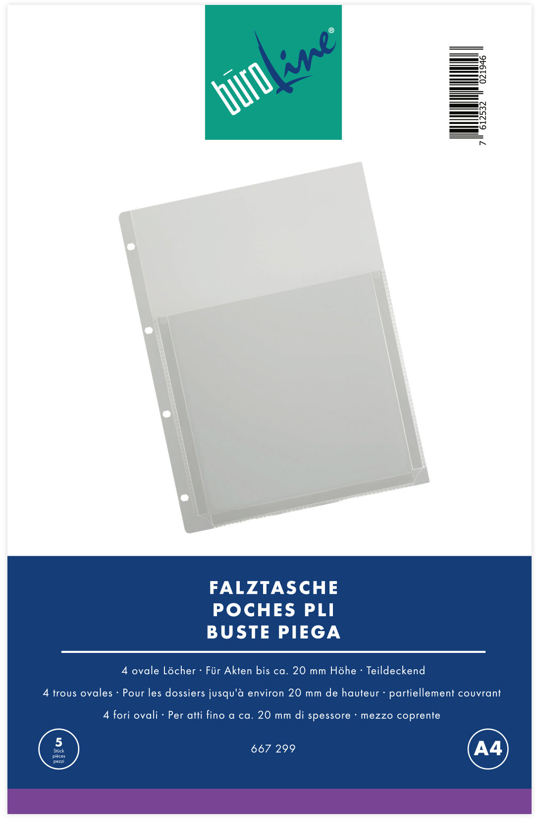 Büroline Prospekthülle A4, 4-Loch, transparent, Füllhöhe 20 mm