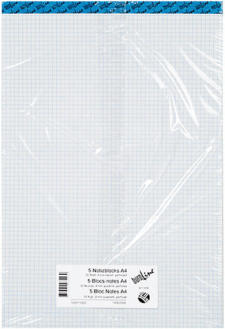 Büroline Notizblock – A4 – 4 mm kariert – 100 Blatt – 70 g/m² – perforiert, weiss – 5 Stück