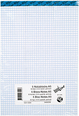 Büroline Notizblock – A5 – 4 mm kariert – 70 g/m², perforiert, 5 Stück