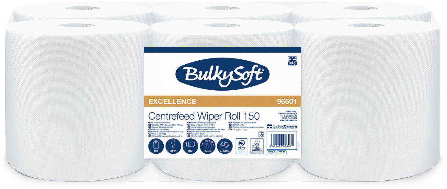 Bulkysoft Putztuchrolle Midi – 2-lagig – 19 × 38 cm – 396 Blatt – Weiss – 6 Rollen