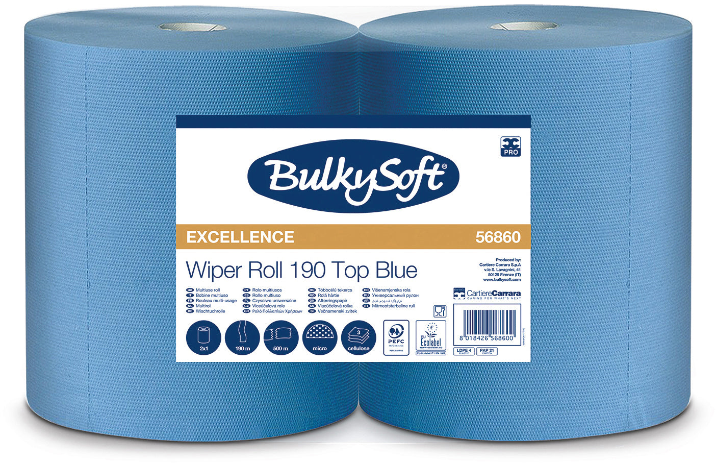 Bulkysoft Putztuchrolle – 3-lagig – 38 × 36 cm – Zellstoff – Blau – 2 Rollen