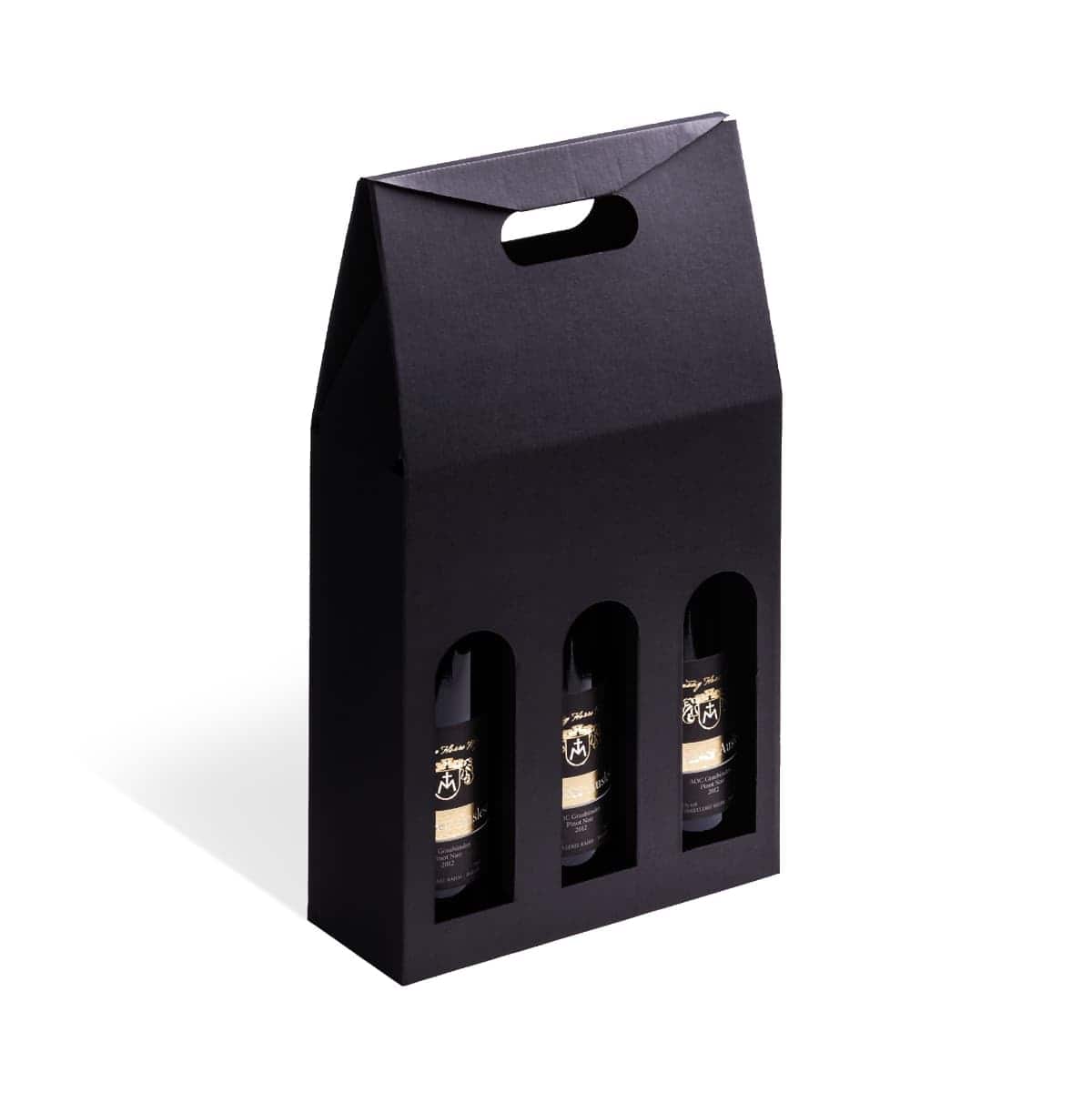 Brieger Weinpräsentkarton aussen/innen schwarz – Innenmass 243 × 370 × 81 mm – für 3 Flaschen 7–7,5 dl